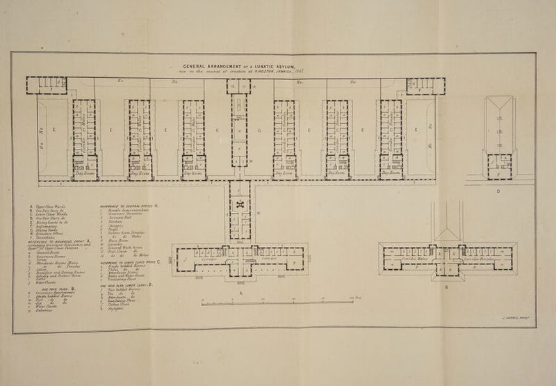 GENERAL ARRANGEMENT or A LUNATIC ASYLUM, now iw the course of erection at KINGSTON, JAMAICA, 1647. xoO7m c0OWy oO Males Corrudor Corridor O Males O Lematles Corridor QQ Females Covrtvaor Corridor CO Femates Upper Class Wards One Pair Story do Lower Class Wards One Par Story do Atring Courts to do Infirmaries Drying Yards Domestics Offices Verandahs ; core, Governors Lesvaerice ana Apart™ for Upper Class Latvents. : a CouncalRoom b Governors Rooms c. Lorter - a Attendants Rooms Males e do do Females J = saloon ay g Breakfast and Dining Hoonms h Library and Visitors Loom ve Saths J Water Closets ONE PAIR PLAN. B. k. Governors Apartments i dmngle bedded Rooms m Four + do wm -Stx do do 0 ~=6© Water Closets pP Balcones REFERENCE TO CENTRAL OFFICES. H. Kisttors Room Lemates do do Mates Stere Loom 10 Laundry UY Ceneral Wash-howse 72 Foul Linen do. Pf do do do Males 7h Female Ji up erintendant 4 Governors Servants J Ser VaTuUs Ee all A Kitchen 5 surgery 6 Chapel 7 8 g REFERENCE To LOWER CLASS Rooms. ©. a single tedded Rooms b Three do do ce. Attendants Rooms a Baths ard Water Closets e Ventilating Flues ONE PAIR PLAN LOWER CLASS »D. f Laur bedded Hooms | g Ton do do A Attendants do ri Ventilaling Flues . , Clothes Aoset kh Shy lghts JO 100 150 J. HARRIS, ARCHT