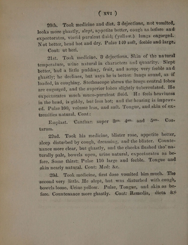 20th. Took medicine and diet. 3 dejections, not vomited, looks more ghastly, slept, appetite better, cough as.before and expectorates, viscid purulent fluid; (yellow.) lungs engorged. Not better, head hot and dry. Palse 140 soft, feeble and large. Cont: ut heri. 91st. Took medicine. 3 dejections. Skin of the natural temperature, urine natural in characters and quantity. Slept better, had a little pudding, fruit, and soup; very feeble and ehastly; he declines, but says he is better: lungs sound, as if loaded, in coughing. Stethoscope shews the lungs. central lobes are engorged, and the superior lobes slightly tuberoulated. He expectorates much muco-purulent fluid. He feels heaviness in the head, is giddy, but-less hot; and the hearing is improv- ed. Pulse 100, volume less, and soft. Tongue, and skin of ex- tremities natural, Cont: Emplast. ‘Canthar: super 3a 4’ and $m. Cose tarum. | 22nd. Took his medicine, blister rose, appetite better, sleep disturbed by cough, dreaming, andthe blister. Counte- nance more clear, but ghastly, and the cheeks. flushed tho’ na- turally pale, bowels open, urine natural, expectorates as be- fore. Some thirst: Pulse 110 large and feeble.. Tongue and. skin nearly natural. Cont: Med: &amp;e.. 93d. Took medicine, first dose vomited him much. The second very little. He slept, but was disturbed with cough, bowels loose. Urine yellow. Pulse, Tongue, and skin as be- fore. Countenance more ghastly. Cont: Remedia, dieta &amp;¢