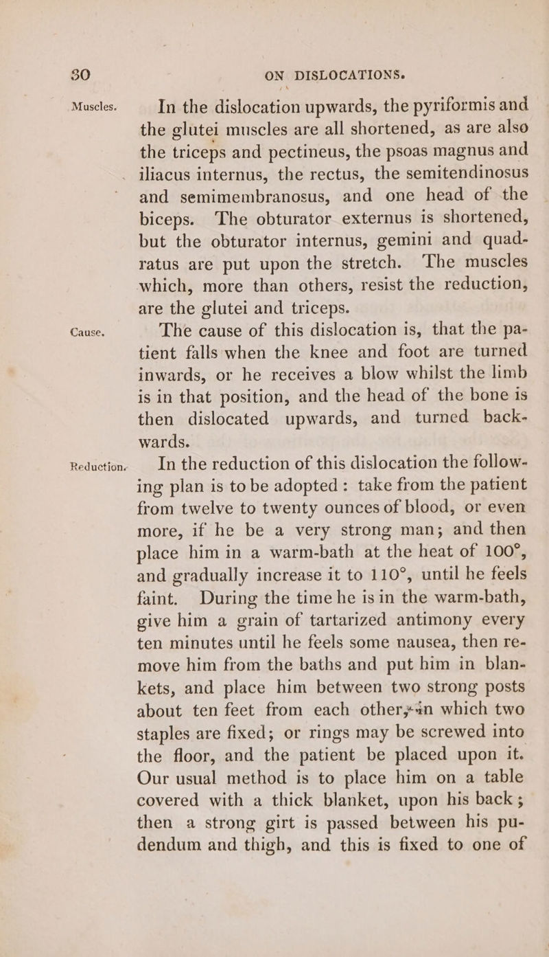 Muscles. Cause. In the dislocation upwards, the pyriformis and the glutei muscles are all shortened, as are also the triceps and pectineus, the psoas magnus and iliacus internus, the rectus, the semitendinosus and semimembranosus, and one head of the biceps. The obturator externus is shortened, but the obturator internus, gemini and quad- ratus are put upon the stretch. The muscles are the glutei and triceps. The cause of this dislocation is, that the pa- tient falls when the knee and foot are turned inwards, or he receives a blow whilst the limb is in that position, and the head of the bone is then dislocated upwards, and turned back- wards. In the reduction of this dislocation the follow- ing plan is to be adopted: take from the patient from twelve to twenty ounces of blood, or even more, if he be a very strong man; and then place him in a warm-bath at the heat of 100°, and gradually increase it to 110°, until he feels faint. During the time he is in the warm-bath, give him a grain of tartarized antimony every ten minutes until he feels some nausea, then re- move him from the baths and put him in blan- kets, and place him between two strong posts about ten feet from each other,«#n which two staples are fixed; or rings may be screwed into the floor, and the patient be placed upon it. Our usual method is to place him on a table covered with a thick blanket, upon his back ; then a strong girt is passed between his pu- dendum and thigh, and this is fixed to one of