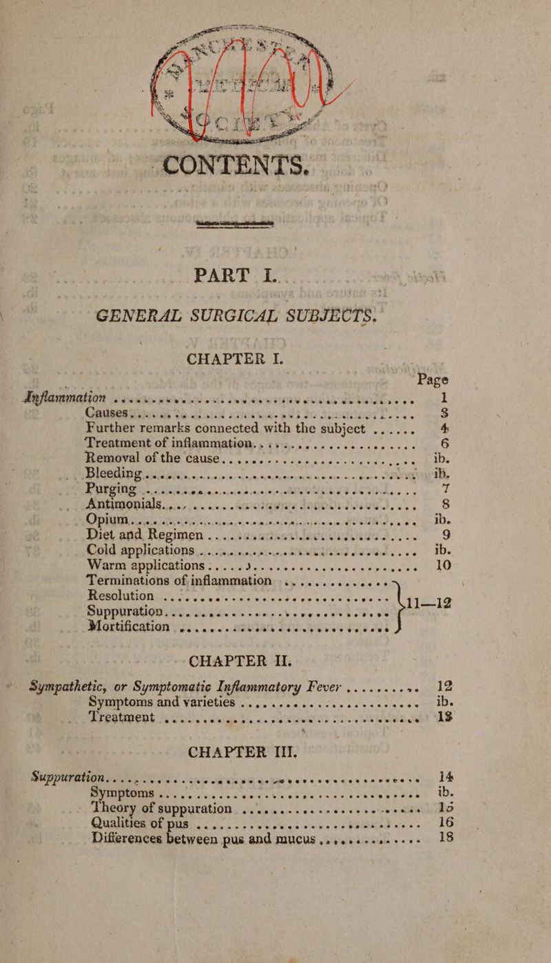 PART L. GENERAL SURGICAL SUBJECTS. - CHAPTER I. | Page Inflammation Hnnipomwlial eal oheon sau MOAN 6 ee pk Causes..... bth. ohiitsal alot. ous Jo Juseiaoy] ere hs Further remarks connected with the subject age a AR 4 Treatment of inflammation..:... AP Aves: sive de 6 Removal of the cause.............. pirate Rian ot aaa aan TS ae ene GM A at Dh! il ROARS SS govib. a, Aaa ian. sence sancoie, MORE Hate SADE. ey 7 Antimonials.,.., ......000: gaye Jogos eue3..',.. 5 8 AR ihatas USUI aaa Loiiraceaiaien OM calito i POOURD » a os ands Diet and. Regimen m0 TRUSS eiicehvedad.: .. 9 Cold applications ..... ievihi epee MOMEARS JeOL... 5 | 1b. Warm applications..... Wiese ata sc edwards Bee Terminations of inflammation ..........006: Resolution ...... Onis cis Weae's givele savas ist sa OOOO ag Wa Waser eke ce s.c rea cise L112 Mortification @eesmeenrve+evpeoseeves eecvnueveeeveoeeees CHAPTER II. Sympathetic, or Symptomatic eborericiscy POCO Ca asin n'n 6 a ihepnes Symptoms and varieties ......00.0..scceesees &lt;4 De OEE US ila ie cin DRED Mp ge N voce | 13 CHAPTER III. Suppuration.... 2. sce rcvccavansecvoveseseccccsereress 14 a ra Joh th sD Na kena chest nwnst te Theory of suppuration ........0.+-eeeeeereecee Td Qualities of pus .......... Puan thes: poate «=. 16 Difterences between pus and mucus ..seeeeeseeee- 18