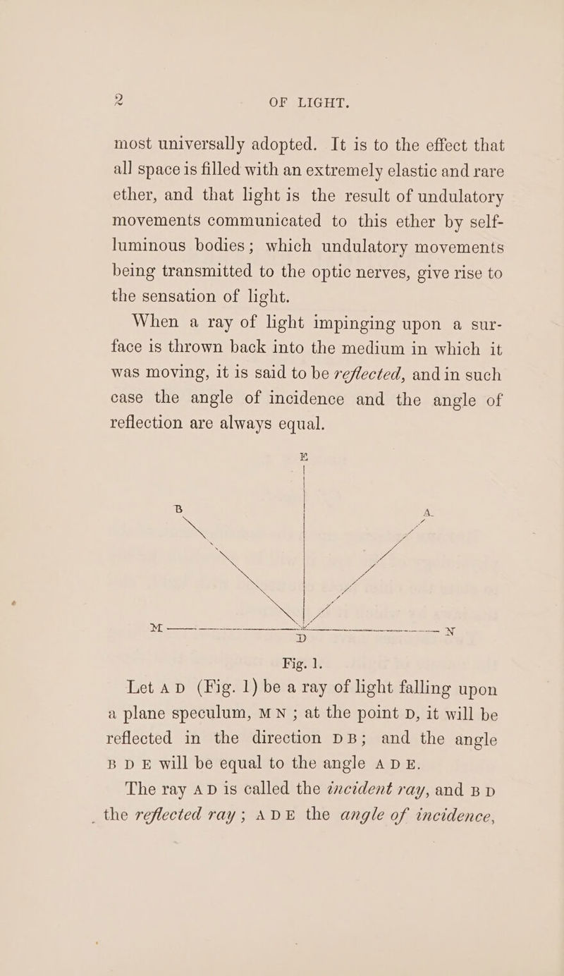 most universally adopted. It is to the effect that all space is filled with an extremely clastic and rare ether, and that light is the result of undulatory movements communicated to this ether by self- luminous bodies; which undulatory movements being transmitted to the optic nerves, give rise to the sensation of light. When a ray of light impinging upon a sur- face is thrown back into the medium in which it was moving, it is said to be reflected, and in such case the angle of incidence and the angle of reflection are always equal. x Fig. 1. Let abd (Fig. 1) be a ray of light falling upon a plane speculum, MN ; at the point D, it will be reflected in the direction DB; and the angle B D E will be equal to the angle ADE. The ray AD is called the enezdent ray, and B p _ the reflected ray; ADE the angle of incidence,