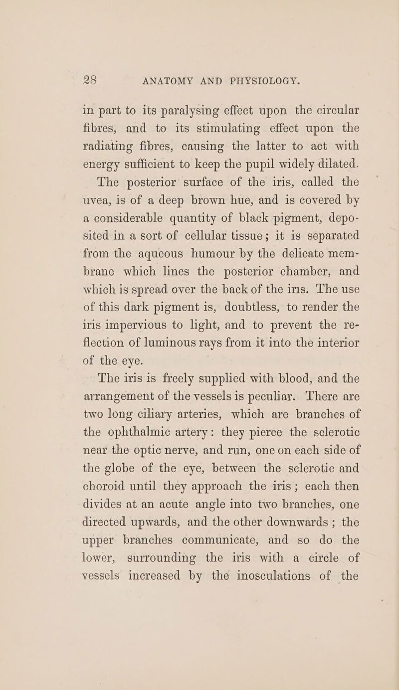 in part to its paralysing effect upon the circular fibres, and to its stimulating effect upon the radiating fibres, causing the latter to act with energy sufficient to keep the pupil widely dilated. The posterior surface of the iris, called the uvea, is of a deep brown hue, and is covered by a considerable quantity of black pigment, depo- sited in a sort of cellular tissue; it is separated from the aqueous humour by the delicate mem- brane which lines the posterior chamber, and which is spread over the back of the ins. The use of this dark pigment is, doubtless, to render the iris impervious to light, and to prevent the re- flection of luminous rays from it into the interior of the eye. The iris is freely supplied with blood, and the arrangement of the vessels is peculiar. There are two long ciliary arteries, which are branches of the ophthalmic artery: they pierce the sclerotic near the optic nerve, and run, one on each side of the globe of the eye, between the sclerotic and choroid until they approach the iris; each then divides at an acute angle into two branches, one directed upwards, and the other downwards ; the upper branches communicate, and so do the lower, surrounding the iris with a circle of vessels increased by the inosculations of the