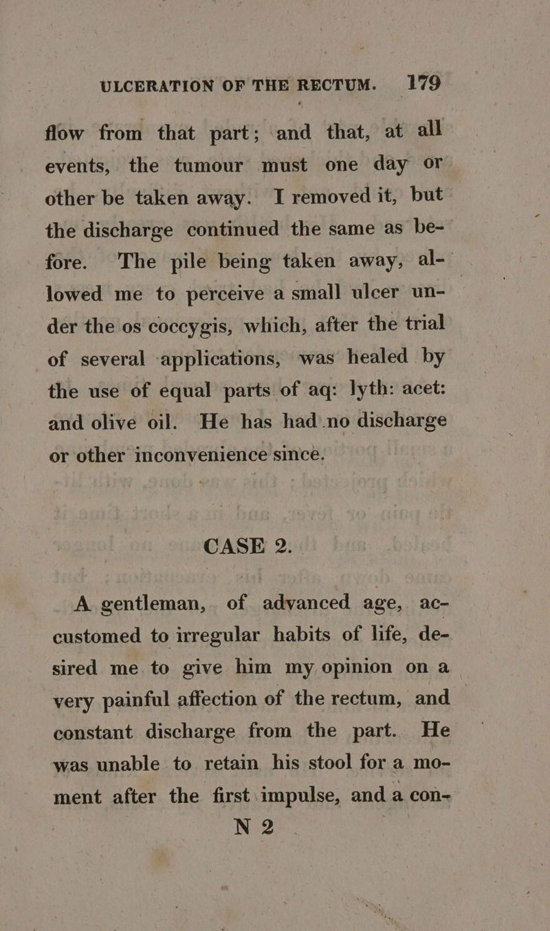 flow from that part; and that, at all events, the tumour must one day or other be taken away. I removed it, but the discharge continued the same as be- fore. The pile being taken away, al-— lowed me to perceive a small ulcer un- der the os coccygis, which, after the trial of several ‘applications, was healed by the use of equal parts of aq: lyth: acet: and olive oil. He has had no discharge or other inconvenience since. CASE 2. A gentleman, of advanced age, ac- customed to irregular habits of life, de- sired me to give him my opinion on a very painful affection of the rectum, and — constant discharge from the part. He was unable to retain his stool for a mo- ment after the first impulse, and a con- N 2
