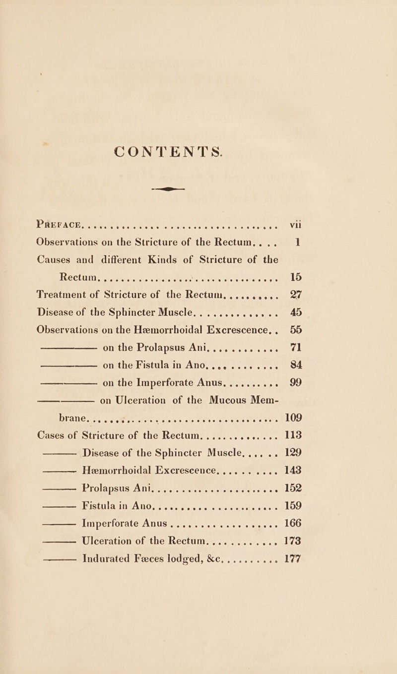 CONTENTS. PREFACE,..... SPaTERe Pataah eee OLN Cts aha stale s ire Observations on the Stricture of the Rectum,. .. Causes and different Kinds of Stricture of the IC CUIUIN hy, Wraiwl, wAcilae By. NACI eee et ae Treatment of Stricture of the Rectum, ......... Disease of the Sphincter Muscle.............. Observations on the Hemorrhoidal Excrescence, . on the Prolapsus Ani, ....... 006: on the Fistula in Ano, ... 2.20 woes on the Imperforate Anus,........ ‘ on Ulceration of the Mucous Mem- Dranesns eet, ees ore ee oie So eae Cases of Stricture of the Rectum. ........2...- Disease of the Sphincter Muscle,,.... ——— Heemorrhoidal Excrescence, ......... ——— Prolapsus Ani, ...... ccc cece ee eee Erstulasiiz Ano nem. otk ea, ete Aer lova tcp Ans imerectrctasccl. c watetes's'« ———— UJiceration ofthe Rectum 2... to's Vil 159