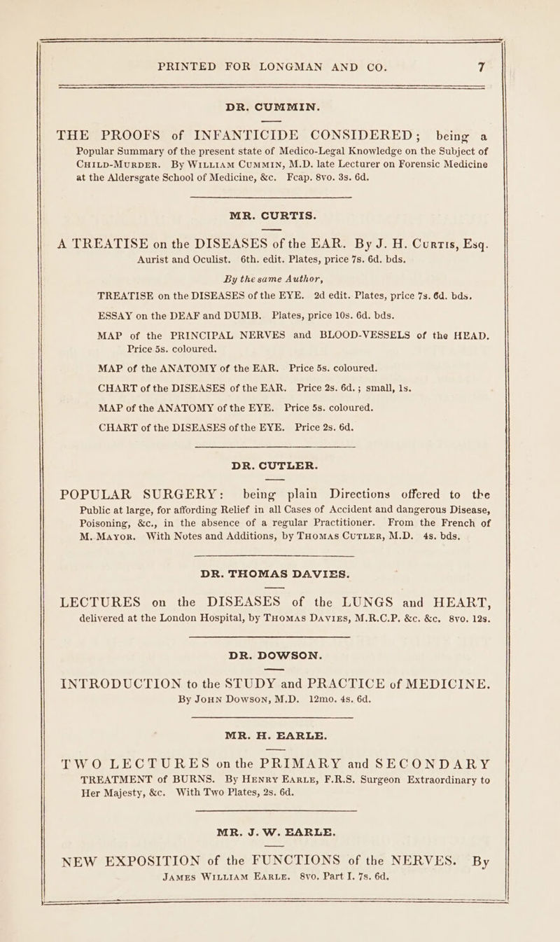 a a eee PRINTED FOR LONGMAN AND CO. 7 DR. CUMMIN. eee THE PROOFS of INFANTICIDE CONSIDERED; being a Popular Summary of the present state of Medico-Legal Knowledge on the Subject of CHILD-MuRDER. By WILLIAM CuMMIN, M.D. late Lecturer on Forensic Medicine at the Aldersgate School of Medicine, &amp;c. Fcap. 8vo. 3s. 6d. MR. CURTIS. A TREATISE on the DISEASES of the EAR. By J. H. Curtis, Esq. Aurist and Oculist. 6th. edit. Plates, price 7s. 6d. bds. By the same Author, TREATISE on the DISEASES of the EYE. 2d edit. Plates, price 73. 6d. bds. ESSAY on the DEAF and DUMB. Pilates, price 10s. 6d. bds. MAP of the PRINCIPAL NERVES and BLOOD-VESSELS of the HEAD. Price 5s. coloured. MAP of the ANATOMY of the EAR. Price 5s. coloured. CHART of the DISEASES of the EAR. Price 2s. 6d.; small, Is. MAP of the ANATOMY of the EYE. Price 5s. coloured. CHART of the DISEASES of the EYE. Price 2s. 6d. DR. CUTLER. —— POPULAR SURGERY: being plain Directions offered to the Public at large, for affording Relief in all Cases of Accident and dangerous Disease, Poisoning, &amp;c., in the absence of a regular Practitioner. From the French of M. Mayor. With Notes and Additions, by THomas CUTLER, M.D. 4s. bds. DR. THOMAS DAVIES. oe LECTURES on the DISEASES of the LUNGS and HEART, delivered at the London Hospital, by THomaAs DaviEs, M.R.C.P. &amp;c. &amp;c. 8vo. 12s. DR. DOWSON. ee INTRODUCTION to the STUDY and PRACTICE of MEDICINE. By JoHN Dowson, M.D. 12mo. 4s. 6d. MR. H. EARLE. TWO LECTURES onthe PRIMARY and SECONDARY TREATMENT of BURNS. By Henry EARLE, F.R.S. Surgeon Extraordinary to Her Majesty, &amp;c. With Two Plates, 2s. 6d. MR. J.W. EARLE. NEW EXPOSITION of the FUNCTIONS of the NERVES. By JAMES WILLIAM EARLE. 8vo. Part I. 7s. 6d. —