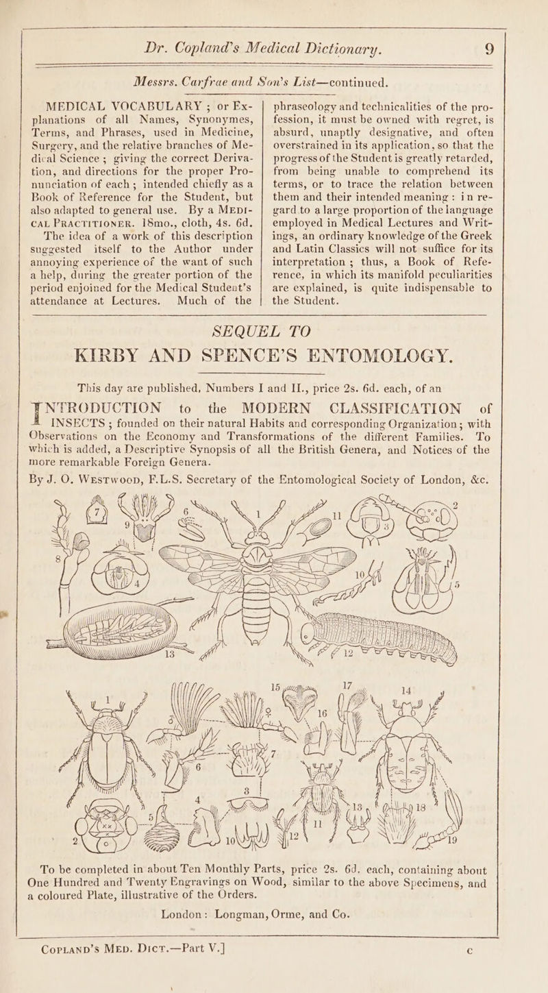 MEDICAL VOCABULARY ; or Ex- planations of all Names, Synonymes, Terms, and Phrases, used in Medicine, Surgery, and the relative branches of Me- dical Science ; giving the correct Deriva- tion, and directions for the proper Pro- nunciation of each; intended chiefly as a Book of Reference for the Student, but also adapted to general use. By a MEpI- CAL PRACTITIONER. ISmo., cloth, 4s. 6d. The idea of a work of this description suggested itself to the Author under annoying experience of the want of such a help, during the greater portion of the period enjoined for the Medical Student’s attendance at Lectures. Much of the phraseology and technicalities of the pro- fession, it must be owned with regret, is absurd, unaptly designative, and often overstrained in its application, so that the progress of the Student is greatly retarded, from being unable to comprehend its terms, or to trace the relation between them and their intended meaning : in re- gard.to alarge proportion of the language employed in Medical Lectures and Writ- ings, an ordinary knowledge of the Greek and Latin Classics will not suffice for its interpretation ; thus, a Book of Refe- rence, in which its manifold peculiarities are explained, is quite indispensable to the Student. NTRODUCTION to the more remarkable Foreign Genera. Copiann’s Mep. Dict.—Part V.]