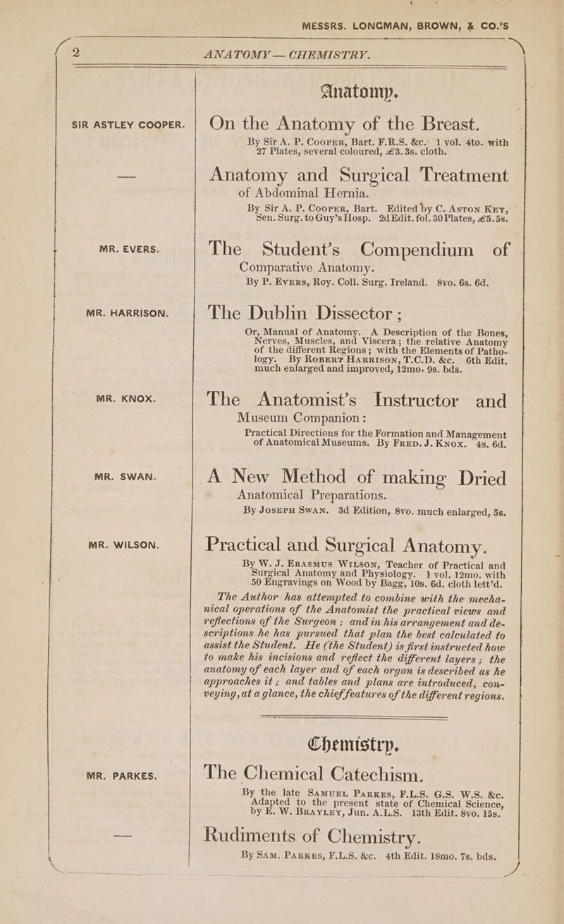 t MESSRS. LONGMAN, BROWN, &amp; CO.’s \ {9 ANATOMY — CHEMISTRY. Anatomp, sik astiey cooper. | On the Anatomy of the Breast. By Sir A. P. Coopmr, Bart. F.R.S. &amp;c. 1 vol. 4to. with 27 Plates, several coloured, £3. 3s. cloth. = Anatomy and Surgical ‘Treatment of Abdominal Hernia. By Sir A. P. Cooper, Bart. Edited by C. Aston Key, Sen. Surg. toGuy’sHosp. 2d Edit. fol. 30Plates, €5.5s. MR. EVERS. The Student’s Compendium of Comparative Anatomy. By P. Evers, Roy. Coll. Surg. Ireland. 8vo. 6s. 6d. MR. HARRISON. The Dublin Dissector ; Or, Manual of Anatomy. A Description of the Bones, Nerves, Muscles, and Viscera; the relative Anatomy of the different Regions ; with the Elements of Patho- logy. By Roper? Harrison, T.C.D. &amp;e. 6th Edit. much enlarged and improved, 12mo. 9s. bds. MR. KNOX. The Anatomist’s Instructor and Museum Companion : Practical Directions for the Formation and Management of Anatomical Museums. By FrepD.J. Knox. 4s. 6d. MR. SWAN. A New Method of making Dried Anatomical Preparations. By JOSEPH Swan. 3d Edition, 8vo. much enlarged, 5s. MR. WILSON. Practical and Surgical Anatomy. By W. J. ERAsmus WItson, Teacher of Practical and Surgical Anatomy and Physiology. 1 vol. 12mo. with 50 Engraving’s on Wood by Bagg, 10s. 6d. cloth lett?d. The Author has attempted to combine with the mecha- nical operations of the Anatomist the practical views and reflections of the Surgeon ; and in his arrangement and de- scriptions he has pursued that plan the best calculated to assist the Student. He (the Student) is first instructed how to make his incisions and reflect the different layers ; the anatomy of each layer and of each organ is described as he approaches it ; and tables and plans are introduced, con- veying, at a glance, the chief features of the different regions. Chemistry, MR. PARKES. The Chemical Catechism. By the late SamurEL Parkes, F.L.S. G.S. W.S. &amp;c. Adapted to the present state of Chemical Science, by E. W. BRAyYLeEy, Jun. A.L.S. 13th Edit. 8vo. 15s. — Rudiments of Chemistry. By SAM. PARKES, F.L.S. &amp;c. 4th Edit. 18mo. 7s. bds.