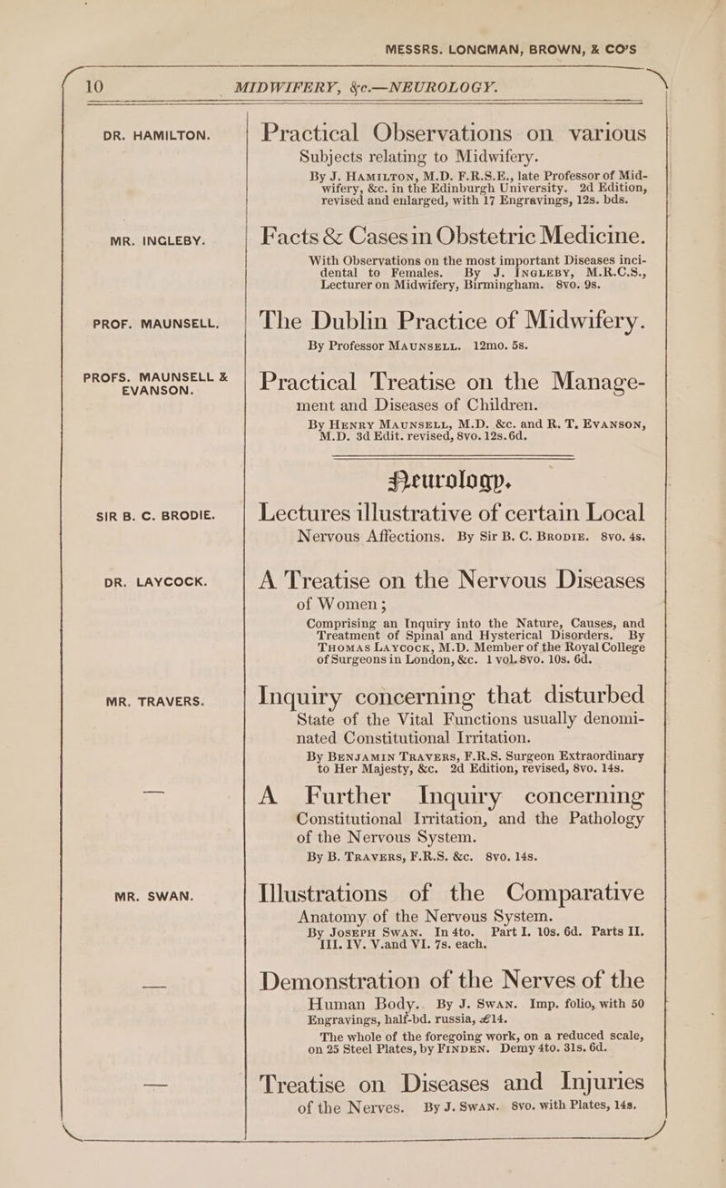 10 | MIDWIFERY, &amp;c.—NEUROLOGY. a DR. HAMILTON. Practical Observations on various Subjects relating to Midwifery. By J. HAMILTON, M.D. F.R.S.E., late Professor of Mid- wifery, &amp;c. in the Edinburgh University. 2d Edition, revised and enlarged, with 17 Engravings, 12s. bds. MR. INGLEBY. Facts &amp; Cases in Obstetric Medicine. With Observations on the most important Diseases inci- dental to Females. By J. INGLEBY, M.R.C.S., Lecturer on Midwifery, Birmingham. 8vo. 9s. PROF. MAUNSELL. The Dublin Practice of Midwitery. By Professor MAUNSELL. 12mo. 5s. PROFS. Wtone ~~ | Practical Treatise on the Manage- EVANSON. ment and Diseases of Children. By Henry MAuUNSELL, M.D. &amp;c. and R. T. EVANSON, M.D. 3d Edit. revised, 8vo. 12s.6d. Jreurologyp. SIR B. C. BRODIE. Lectures illustrative of certain Local Nervous Affections. By Sir B.C. BropiE. 8vo. 4s. DR. LAYCOCK. A Treatise on the Nervous Diseases of Women ; Comprising an Inquiry into the Nature, Causes, and Treatment of Spinal and Hysterical Disorders. By THomaAS Laycock, M.D. Member of the Royal College of Surgeons in London, &amp;c. 1 vol. 8vo. 10s. 6d. MR. TRAVERS. Inquiry concerning that disturbed State of the Vital Functions usually denomi- nated Constitutional Irritation. By BENJAMIN TRAVERS, F.R.S. Surgeon Extraordinary to Her Majesty, &amp;c. 2d Edition, revised, 8vo. 14s. x A Further Inquiry concerning Constitutional Irritation, and the Pathology of the Nervous System. By B. TRAVERS, F.R.S. &amp;c. 8vo. 14s. MR. SWAN. Illustrations of the Comparative Anatomy of the Nervous System. By JosEPpH Swan. In4to. Part I. 10s. 6d. Parts II. III. IV. V.and VI. 7s. each. on Demonstration of the Nerves of the Human Body.. By J. Swan. Imp, folio, with 50 Engravings, half-bd. russia, £14. The whole of the foregoing work, on a reduced scale, on 25 Steel Plates, by FINDEN. Demy 4to. 31s. 6d. ae Treatise on Diseases and Injuries of the Nerves. By J.Swan. 8vo. with Plates, 14s. Ngee a eno ep A ana