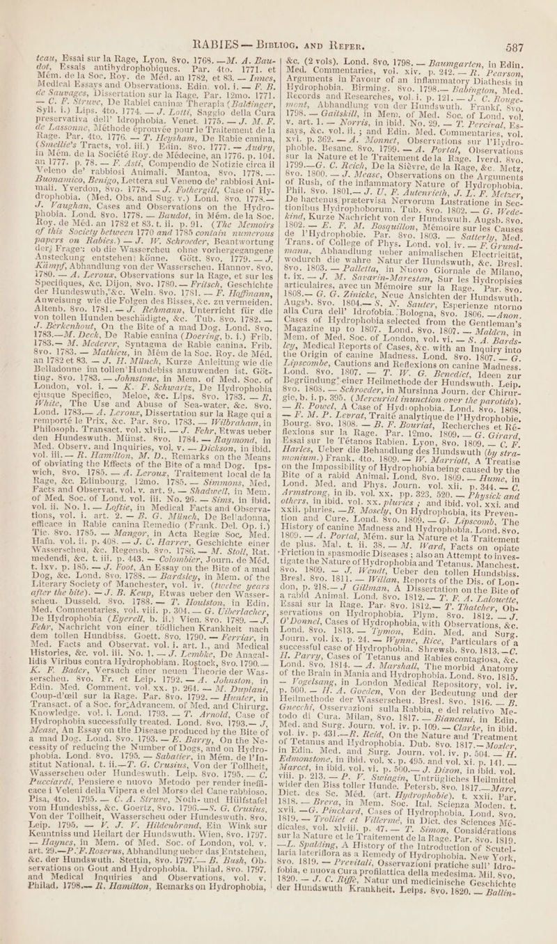 dot, Essais antibydrophobiques. Par. 4to. 1771. et Mém. dela Soc. Roy. de Méd. an 1782, et 83. — Innes, Medical Essays and Observations. Edin. vol. i.— F. B. de Sauvages, Dissertation sur la Rage, Par. 12mo. 1771. — C. F. Sirwve, De Rabiei canine Therapia ( Baldinger, Syll. i.) Lips. 4to. 1774. — J. Lott, Saggio della Cura preservativa dell’ Idrophobia. Venet. 1775. — J. M. F. de Lassonne, Méthode éprouvée pour Je Traitement de la Rage. Par. 4to, 1776. — F. Heysham, De Rabie canina, (Smelize’s Tracts, vol. iii.) Edin. 8vo. 1777. — Audry, in Mém. de la Société Roy. de Médecine, an 1776. p. 104. an 1777. p. 78. — F. Astz, Compendio de Notizie circa il Veleno de’ rabbiosi Animali. Mantoa. (SVoe 17785 — Buonamico, Benigo, Lettera sul Veneno de’ rabbiosi Ani- mali. Yverdon, 8vo. 1778. — J. Fothergill, Case of Hy- drophobia. (Med. Obs. and Sug. v.) Lond. 8vo. 1778.— J. Vaughan, Cases and Observations on the Hydro- phobia. Lond. 8vo. 1778. — Baudot, in Mém. dela Soc. Roy. de Méd. an 1782 et 83.t. ii. p. 91. (The Memoirs of this Society between 1770 and 1785 contain numerous papers on Rabies.) —J. W. Schroeder, Beantwortung der} Frage: ob die Wassercheu ohne vorhergegangene Ansteckung entsteheni kénne. Gétt. 8vo. 1779. — J. Kampf, Avhandlung von der Wasserscheu. Hannov. 8vo. i780. — A, Leroua, Observations sur la Rage, et sur les Specifiques, &amp;c, Dijon, 8vo. 1780. — Fritsch, Geschichte der Hundeswuth,*&amp;c. Weln. 8vo. 178]. — F. Hofinann, Anweisung wie die Folgen des Bisses, &amp;c. zu vermeiden. Altenb. 8vo. 1781. — J. Rehmann, Unterricht fiir die von tollen Hunden beschiadigte, &amp;c. Tub. 8vo. 1782. — J. Berkenhout, On the Bite of a mad Dog. Lond. 8vo. 1783.—M. Deck, De Rabie canina (Doering, b. i.) Frib. 1783.— M. Mederer, Syntagma de Rabie canina. Frib. 8vo. 1783. — Mathieu, in Mém de la Soe. Roy. de Méd. an 1782 et 83. — J. H. Miinch, Kurze Anleitung wie die Belladonne im tollen‘Hundebiss anzuwenden ist. Gét- ting. 8vo. 1783. — Johnstone, in Mem. of Med. Soe. of London, vol. i. — K. F. Schwartz, De Hydrophobia ejusque Specifico, Meloe, &amp;c. Lips. 8vo. 1783. — R, White, The Use and Abuse of Sea-water, &amp;c. 8vo. Lond. 1783.— A. Leroux, Dissertation sur la Rage quia remporté le Prix, &amp;c. Par. 8vo. 1783. — Wilbraham, in Philosoph. Transact. vol. xlvii. — J. Fehr, Etwas ueber den Hundeswuth. Minst. 8vo. 1784. — Raymond, in Med. Obsery. and Inquiries, vol. v. — Dickson, in ibid. vol. iii. — R. Hamilton, M. D., Remarks on the Means of obviating the Hffects of the Bite of a mad Dog. Ips- wich, 8vo. 1785. — A. Leroux, Traitement local de la Rage, &amp;c. Edinbourg, 12mo. 1785. — Simmons, Med. Facts and Observat. vol. v. art. 9. — Shadwell, in Mem. of Med. Soc. of Lond. vol. iii. No. 26. — Sims, in ibid. vol. ii. No. 1. — Loftie, in Medical Facts and Observa- tions, vol. i. art. 2.— B. G. Miinch, De Belladonna, efficace in Rabie canina Remedio (Frank. Del, Op. i.) Tic. 8vo. 1785. — Mangor, in Acta Regie Soc, Med. Hafn. vol. ii. p. 408. — J. C. Harrer, Geschichte einer Wasserscheu, &amp;c. Regensb. 8vo. 1786.— M. Stoll, Rat. medendi, &amp;c. t. iii. p. 443. — Colombder, Journ. de Méd, t. xv. p. 185. — J. Foot, An Essay on the Bite of a mad Dog, &amp;c. Lond. 8vo. 1788. — Bardsley, in Mem. of the Literary Society of Manchester, vol. iv. (tivelve years after the bite). —J. B. Keup, Etwas ueber den Wasser- scheu. Dusseld. 8vo. 1788.— T. Howlston, in Edin. Med. Commentaries, vol. viii. p. 304.— G. Utberlacher, De Hydrophobia (Zyerell, b. ii.) Vien. 8vo. 1789, — J. Fehr, Nachricht von einer tddlichen Krankheit nach dem tollen Hundbiss. Goett. 8vo. 1790. — Ferriar, in Med. Facts and Observat. vol. i. art. 1., and Medical Histories, &amp;c. vol. iii. No. 1.— J. Lembke, De Anagal- lidis Viribus contra Hydrophobiam. eet eae 8vo. 1790. — K. F. Bader, Versuch einer neuen Theorie der Was- serscheu. 8vo. Fr. et Leip. 1792. — 4. Johnston, in Edin. Med. Comment. vol. xx. p. 264. — MW. Duplant, Coup-d@’oeil sur la Rage. Par. 8vo. 1792. — Hunter, in ‘Transact. of a Soc. for;Advancem. of Med. and Chirurg. Knowledge. vol. i. Lond. 1793. — T. Arnold, Case of Hydrophobia successfully treated. Lond. 8vo. 1793.— J, Mease, An Essay on the Disease produced by the Bite of a mad Dog. Lond. 8vo. 1793. — E. Barry, On the Ne- cessity of reducing the Number of Dogs, and on Hydro- phobia. Lond. 8vo. 1795. — Sabatier, in Mém. de 1|’In- stitut National. t. ii.—T. G. Cruszus, Von der Tollheit, Wasserscheu oder Hundeswuth. Leip. 8vo. 1795. — @. Pucctardi, Pensiere e nuovo Metodo per render ineffi- cace i Veleni della Vipera e del Morso del Cane rabbioso, Pisa, 4to. 1795. — C. A. Struve, Noth- und Hiilfstafel vom Hundesbiss, &amp;c. Goertz, 8vo. 1796.—S. G. Crusius, Von der Tollheit, Wasserscheu oder Hundeswuth. 8yo, Leip. 1795. — V. J. V. Hildenbrand, Ein Wink sur Kenntniss und Heilart der Hundswuth. Wien, 8vo. 1797. — Haynes, in Mem. of Med. Soc. of London, vol. v. art. 29.—P.F. Roserus, Abhandlung ueber das Entstehen, &amp;c. der Hundswuth. Stettin, 8vo. 1797..— B. Bush, Ob- servations on Gout and Hydrophobia. Philad, 8vo. 1797. and Medical Jnquiries and Observations, vol. Bf Philad, 1798.— Zi, Hamilton, Remarks on Hydrophobia, 587 &amp;c, (2 vols). Lond. 8vo, 1798. — Baumgarten, in Edin. Med. Commentaries, vol. xiv. p. 242. — R. Pearson, Arguments in Favour of an inflammatory Diathesis in Hydrophobia. Birming. 8vo. 1798.— Babington, Med. Records and Researches, vol.i. p. 121. — J. C. Rouge- mont, Abhandlung von der Hundswuth. Frankf, 8vo, 1798. — Gavtskill, in Mem. of Med. Soc. of Lond. vol, v. art. 1. — Norvrds, in ibid. No. 29. — 7 Percival, Es- says, &amp;c. vol. ji. ; and Edin. Med. Commentaries, vol. xvi. p. 362. -— dA. Monnet, Observations sur VFydro- phobie. Besane. 8vo. 1799. A. Portal, Observations sur la Nature et le Traitement dela Rage. Iverd. 8vo. 1799.—G. C. Reich, De la Siévre, de la Rage, &amp;c. Metz, 8vo. 1800. — J. Mease, Observations on the Arguments of Rush, of the inflammatory Nature of Hydrophobia. Phil. 8vo. 1801— J. U. F. Autenrieth, J. L. F. Metxer, De hactenus, preetervisa Nervorum Lustratione in Sec. tionibus Hydrophoborum. Tub. 8yo. 1802. — G. Wede- kind, Kurze Nachricht von der Hundswuth. Augsb. 8vo. 1302, — FE. F. M. Bosquillon, Mémoire sur les Causes de l’Hydrophobie. Par, 8vo. 1803. — Satterly, Med. Trans. of College of Phys. Lond. vol. iv. — F. Grund- mann, Abhandlung ueber animalischen Electricitit, wodurch die wahre Natur der Hundswuth, &amp;c. Bres]. 8vo. 1803. — Palletta, in Nuovo Giornale de Milano, t.ix.— J. M. Savarin-Marestan, Sur les Hydropisies articulaires, avec un Mémoire sur la Rage. Par. 8vo. 1808.— G, G. Zinicke, Neue Ansichten der Hundswuth. Augs). 8vo. 1804.— 5. N. Sauter, Esperienze ntorno alla Cura dell’ Idrofobia. -Bologna, 8vo. 1806. —Anon. Cases of Hydrophobia selected from the Gentleman’s Magazine up to 1807. Lond. 8yvo. 1807. —- Malden, in Mem. of Med. Soc. of London, vol. vi. — §. J. Bards- ley, Medical Reports of Cases, &amp;c. with an Inquiry into the Origin of canine Madness. Lond. 8vo. 1S0/A==G. Lipscombe, Cautions and Reflexions on canine Madness. Lond sy. 1807.—— f. WG Benedict, Ideen zur Begrtindung*-einer Heilmethode der Hundswuth. Leip. 8vo. 1803. — Schroeder, in Mursinna Journ. der Chirur- gie, b. i. p. 395. (Mercurial inunction over the parotids). — k. Powel, A Case of Hyd:ophobia. Lond. 8vo. 1808. — I. M. P. Levrat, Traité analytique de 1’ Hydrophobie. Bourg. 8vo. 1808. — B. F. Bouriat, Recherches et Re- flexions sur la Rage. Par. 12mo. 1809, — G. Girard, Kssai sur le Tétanos Rabien. Lyon, 8vo. 1809. — ¢ F. Harles, Ueber die Behandlung des Hundswuth (by stra- monitum.) Frank, 4to. 1809. — W. Marriott, A Treatise on the Impossibility of Hydrophobia being caused by the Bite of a rabid Animal: Lond. 8vo. 1809. — Hume, in Lond. Med. and Phys. Journ. vol. xii. p. 344. — C, Armstrong, in ib. vol. xx. pp. 323, 520. — Physick and others, in ibid. vol. xx. plurtes ; and ibid. vol. xxi. and xxii. pluries. —B. Mosely, On Hydropheobia, its Preven- tion and Cure. Lond. 8vo. 1809. — G. Lipscomb, The History of canine Madness and Hydrophobia. Lond. 8vo, 1809. — A. Portal, Mém. sur la Nature et la Traitement de pluses Mal. fii, 38. 1, Ward, Facts on opiate tigate the Nature of Hydrophobia and Tetanus. Manchest. 8vo. 1809, — J. Wendt, Ueber den tollen Hundsbiss. Bresl. 8vo. 1811. — Willan, Reports of the Dis. of Lon- don, p. 218.—J Gillman, A Dissertation on the Bite of arabid Animal. Lond. 8vo. 1812.— 7. F 4. Lalouctte, Essai sur la Rage. Par. 8yo. 1812.— 7’, Thatcher, Ob- servations on Hydrophobia. Flym,. -Byo. . 1819, a5 J. 0’ Donnel, Cases of Hydrophobia, with Observations, &amp;c. Lond. 8vo, 1813. — Yymon, Edin. Med. and Surg. JOUID. Vol. ix. p. 24, —= Wynne, Rice, Particulars of a successful case of Hydrophobia. Shrewsb. 8vo. 1813..—C. H. Parry, Cases of Tetanus and Rabies contagiosa, &amp;c. Lond. 8vo. 1814. — A. Marshall, The morbid Anatomy of the Brain in Mania and Hydrophobia. Lond. 8vo, 1815. — Vogelsang, in London Medical Repository, vol. iv. p. 500. — H. A. Goeden, Von der Bedeutung und der Heilmethode der Wasserscheu. Bresl. 8vo. EWG aS ep Gnecch?, Osservazioni sulla Rabbia, e del relativo Me- todo di Cura. Milan, 8vo. 1817. — Biancani, in Edin. Med. and Surg. Journ. vol. iv. p. 109. — Clarke, in ibid. vol. iv. p. 431.—R. Red, On the Nature and Treatment of Tetanus and Hydrophobia. Dub. 8vo. 1817.— Moaler, in Edin. Med. and Surg. Journ. vol. iv. p. 504, — Hi, Edmonstone, in ibid. vol. x. p. 495. and vol. xi. De LA tore Marcet, in ibid. vol. vi. p. 500.— J. Dixon, in ibid. vol. Villn Deo mend Ve, Swiagin, Untriigliches Heilmittel wider den Biss toller Hunde. Petersb. 8vo. 1817.— Mare, Dict. des Se. Méd. (art. Hydrophobie). t. xxii. Par, 1818. — Brera, in Mem. Soc. Ital. Scienza Moden. t. xvii. —G. Pinckard, Cases of Hydrophobia, Lond. 8vo, 1819, — Trolliet ect Villerme, in Dict. des Sciences Mé- dicales, vol. xlviii. p, 47, — T. Simon, Considérations sur la Nature et le Traitement de la Rage. Par. 8vo. 1819. —L. Spalding, A History of the Introduction of Scutel- laria lateriflora as a Remedy of Hydrophobia. New York 8vo. 1819. — Previtali, Osservazioni pratiche sull’ Idro- fobia, e nuova Cura profilattica della medesima. Mil. 8vo, 1820. — J. C. Rife, Natur und medicinische Geschichte der Hundswuth Krankheit, Leips. 8vo. 1820. — Baltin-