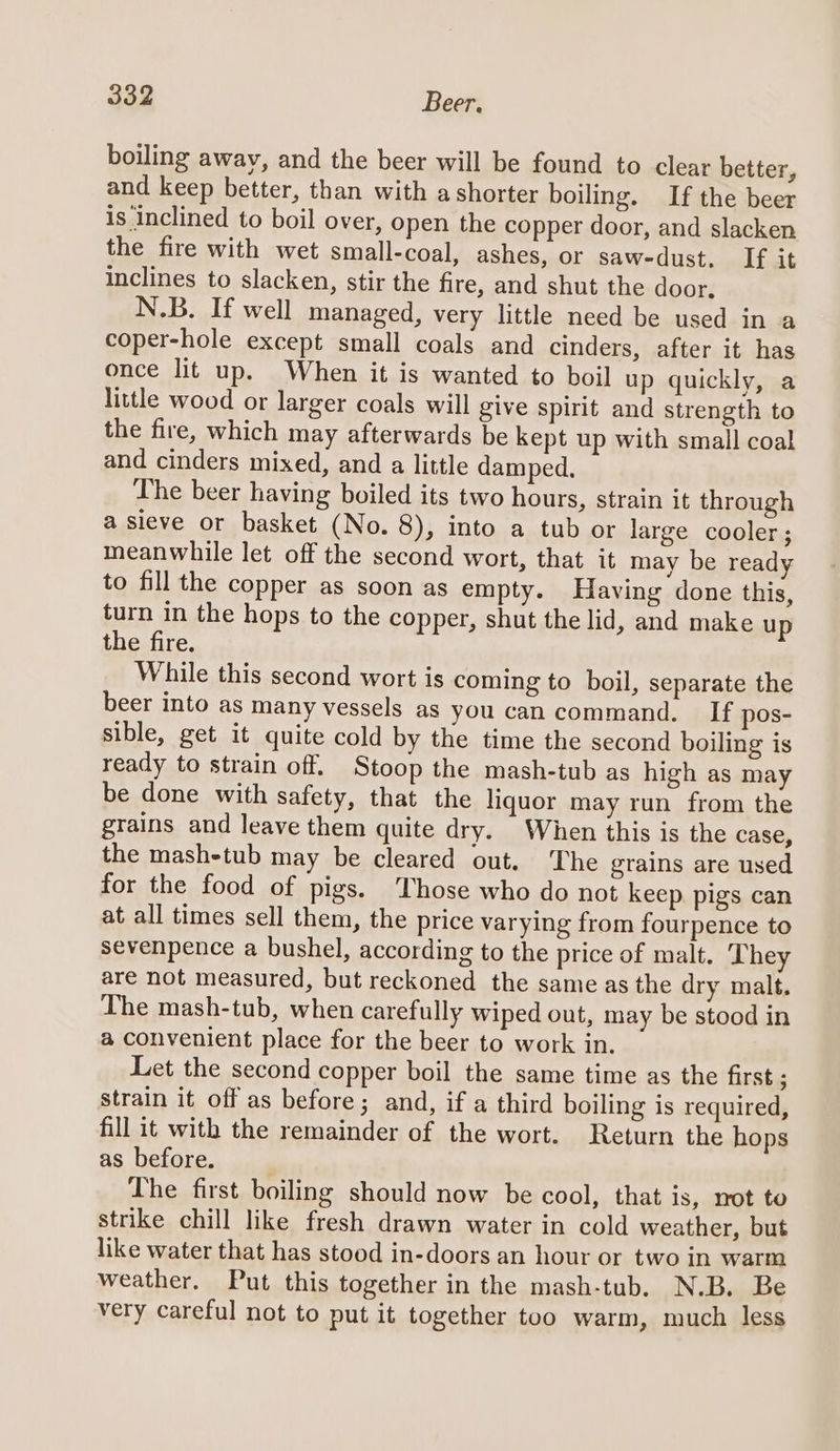 boiling away, and the beer will be found to clear better, and keep better, than with a shorter boiling. If the beer is inclined to boil over, open the copper door, and slacken the fire with wet small-coal, ashes, or saw-dust. If it inclines to slacken, stir the fire, and shut the door. N.B. If well managed, very little need be used in a coper-hole except small coals and cinders, after it has once lit up. When it is wanted to boil up quickly, a little wood or larger coals will give spirit and strength to the fire, which may afterwards be kept up with small coal and cinders mixed, and a little damped, The beer having boiled its two hours, strain it through a sieve or basket (No. 8), into a tub or large cooler ; meanwhile let off the second wort, that it may be ready to fill the copper as soon as empty. Having done this, turn in the hops to the copper, shut the lid, and make up the fire. While this second wort is coming to boil, separate the beer into as many vessels as you can command. If pos- sible, get it quite cold by the time the second boiling is ready to strain off. Stoop the mash-tub as high as may be done with safety, that the liquor may run from the grains and leave them quite dry. When this is the case, the mashetub may be cleared out. The grains are used for the food of pigs. ‘Those who do not keep pigs can at all times sell them, the price varying from fourpence to sevenpence a bushel, according to the price of malt. They are not measured, but reckoned the same as the dry malt. The mash-tub, when carefully wiped out, may be stood in a convenient place for the beer to work in. Let the second copper boil the same time as the first ; strain it off as before; and, if a third boiling is required, fill it with the remainder of the wort. Return the hops as before. The first boiling should now be cool, that is, mot to strike chill like fresh drawn water in cold weather, but like water that has stood in-doors an hour or two in warm weather. Put this together in the mash-tub. N.B. Be very careful not to put it together too warm, much less