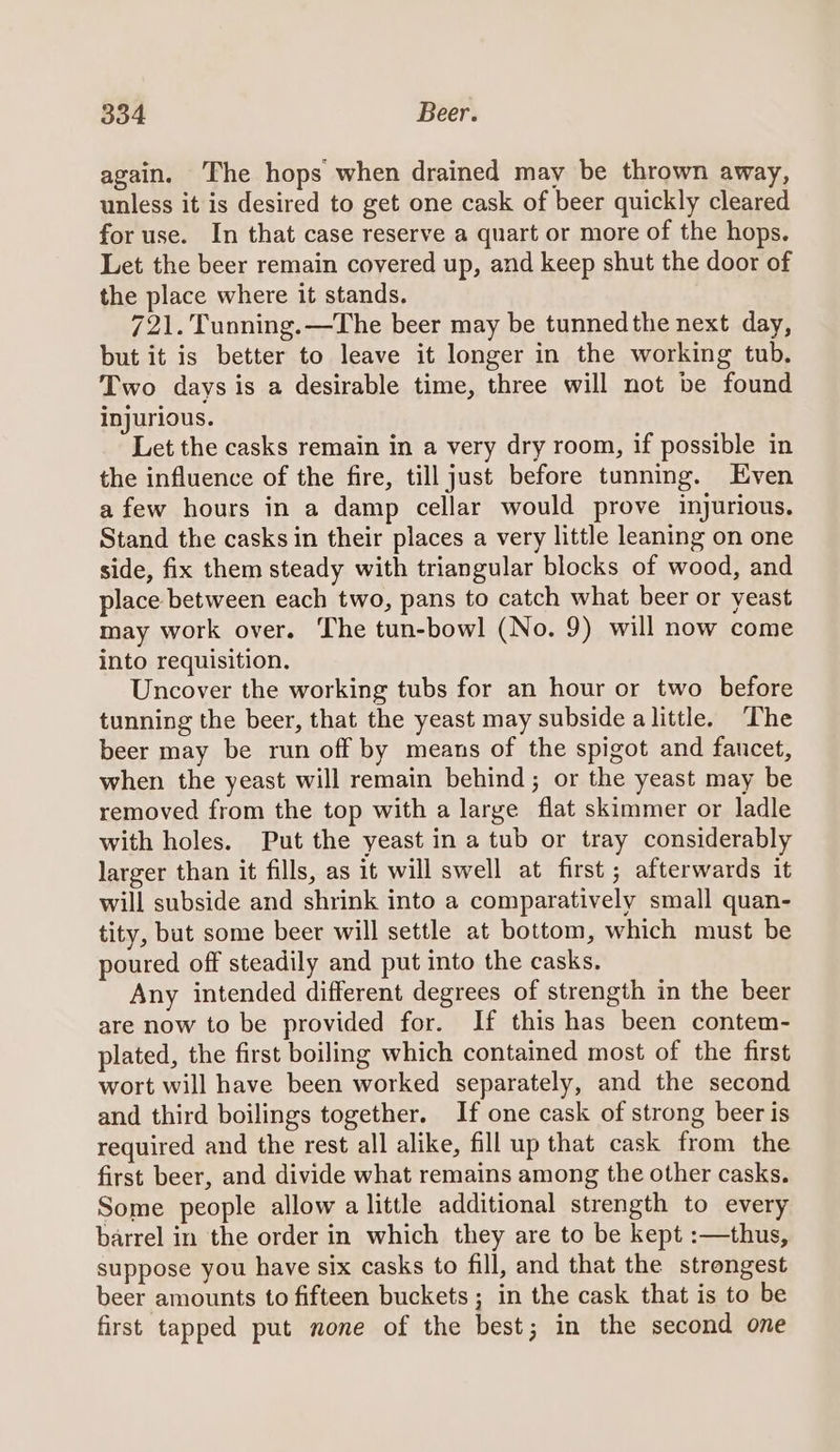 again. The hops when drained may be thrown away, unless it is desired to get one cask of beer quickly cleared for use. In that case reserve a quart or more of the hops. Let the beer remain covered up, and keep shut the door of the place where it stands. 721. Tunning.—The beer may be tunnedthe next day, but it is better to leave it longer in the working tub. Two days is a desirable time, three will not be found injurious. Let the casks remain in a very dry room, if possible in the influence of the fire, till just before tunning. Even a few hours in a damp cellar would prove injurious. Stand the casks in their places a very little leaning on one side, fix them steady with triangular blocks of wood, and place between each two, pans to catch what beer or yeast may work over. The tun-bowl (No. 9) will now come into requisition. Uncover the working tubs for an hour or two before tunning the beer, that the yeast may subside alittle. ‘The beer may be run off by means of the spigot and fancet, when the yeast will remain behind; or the yeast may be removed from the top with a large flat skimmer or ladle with holes. Put the yeast in a tub or tray considerably larger than it fills, as it will swell at first ; afterwards it will subside and shrink into a comparatively small quan- tity, but some beer will settle at bottom, which must be poured off steadily and put into the casks. Any intended different degrees of strength in the beer are now to be provided for. If this has been contem- plated, the first boiling which contained most of the first wort will have been worked separately, and the second and third boilings together. If one cask of strong beer is required and the rest all alike, fill up that cask from the first beer, and divide what remains among the other casks. Some people allow a little additional strength to every barrel in the order in which they are to be kept :—thus, suppose you have six casks to fill, and that the strongest beer amounts to fifteen buckets; in the cask that is to be first tapped put none of the best; in the second one