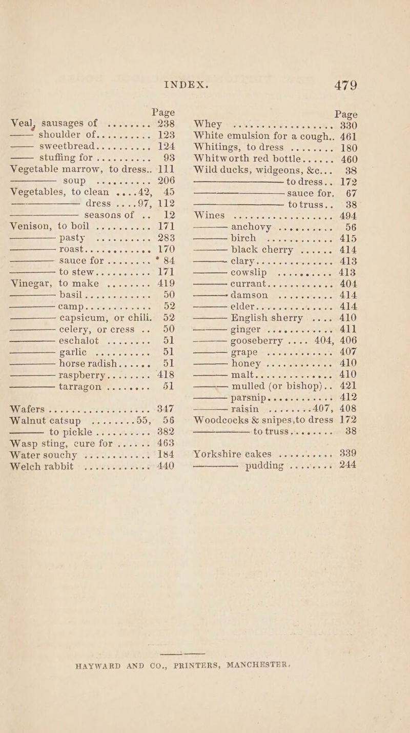 Page Page Veal, sausages of ........ 258. WHEY ks s.netdcs ee but - 330 shoulder rol ss etes neo 123 White emulsion for a cough.. 461 Sweetbreade. sche a. 124 Whitings, todress ........ 180 SPUMNE fOUte gare iele ore 3 Whitworth red bottle...... 460 Vegetable marrow, todress.. 111 Wild ducks, widgeons, &amp;c... 38 SOUP. pnearscsie ie 206 ————____—_todress.. 172 Vegetables, toclean ....42, 45 —_—_—__—————- sauce for. 67 —-———————- dress ....97, 112 ——___——_—_——— totruss.. 38 eee SCASONS OL. .ae Le. SWINGS at. teutes, meme tens 494 WrentsOn.elO DOU. 5. cee «ce. 171 &lt;-&gt; ATI OLIO VY m cteretets-ouaporete 56 —————-pasty .......... 283 DIPCh ney hetero ates 415 POSSE. weciee occkenis oul LAU black cherry foe «1, . 414 SAUCCH OTe rete * 84 ban Seen ahaneces A413 ———- to stew.......... 171 COWSLIP =. |. sta». «come Vinegar, to make ........ 419 CUrEant strona . 404 —— basil............ 50 Detokiyie Aac OO NE oe 414 GRID . ferstiiate boars 52 CldOT.. seauie onesy fale eras 414 capsicum, or chili. 52 English sherry .... 410 celery, orcress .. 50 — INET F955 seis are¥ 411 OSChalotar... aici: 51 ——— gooseberry .... 404, 406 PAVING Racrede nce ys ace. Sl — grape .....-.eeees 407 horseradish...... 51 ROMEY:. -. ieee eee 410 raspberry.......- 418 —~—pnmalt.......... eee ALO tarragon ........ 51 ——-— mulled (or bishop).. 421 PAPSHip § 2 epee essed 412 BWVEDLCTISY: ects oeios. ofA cones cits c= 347 FALGIN xs ,ece1a lac 407, 408 ivalmut catsup”... ...'. 55, 56 | Woodcocks &amp; snipes,to dress 172 tompickie 3:3 2os 2 382 CO-ELUSS sis: oreis's OS Wasp sting, cure for ...... 463 MMALCE SOUCHY. G2. =). «ute a/e§ 184 - ‘Yorkshire Cakes «......+5, 339 Welch rabbit ....... wees 440 ———— pudding ........ 244 HAYWARD AND CO,, PRINTERS, MANCHESTER: