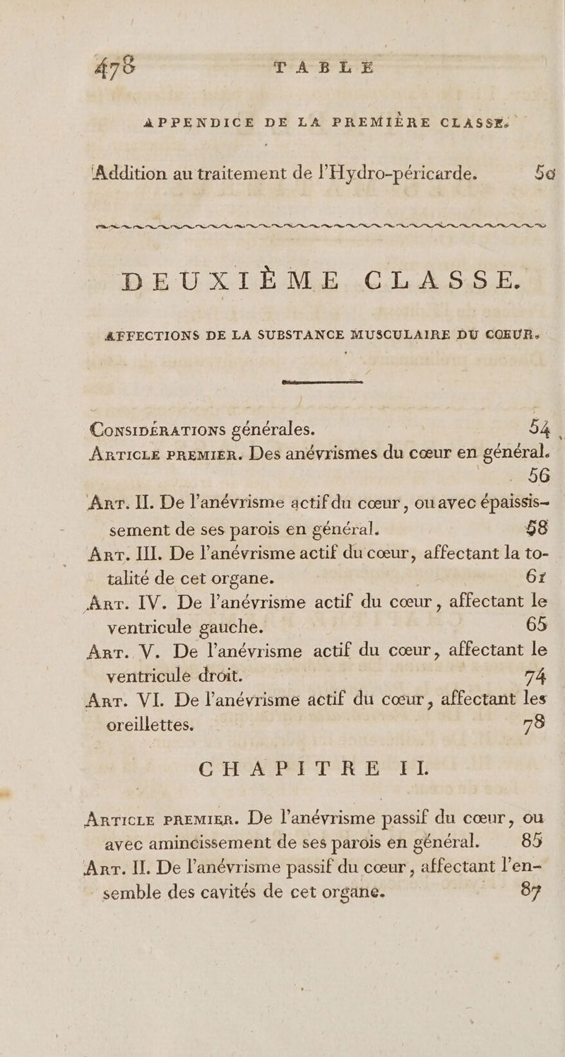 ÀAPPENDICE DE LA PREMIÈRE CLASS#. ‘Addition au traitement de l'Hydro-péricarde. Sa DEUXIÈME. CLASSE. AFFECTIONS DE LA SUBSTANCE MUSCULAIRE DU COEUR: Cowsin£RATIONS générales. ; 54 . ARTICLE PREMIER. Des anévrismes du cœur en général. | 56 Anr. Il. De l’anévrisme actif du cœur, ou avec épaissis- sement de ses parois en général. 658 Arr. II. De l’anévrisme actif du cœur, affectant la to- talité de cet organe. Gr Arr. IV. De l’anévrisme actif du cœur , affectant le ventricule gauche. 65 Arr. V. De l’anévrisme actif du cœur, affectant le ventricule droit. Th Arr. VI De l’anévrisme actif du cœur, affectant les oreillettes. 78 CHAPITRE IL ARTICLE PREMIER. De l’anévrisme passif du cœur, ou avec amincissement de ses parois en général. 85 Anr. II. De l’anévrisme passif du cœur , affectant l’en- semble des cavités de cet organe. 187