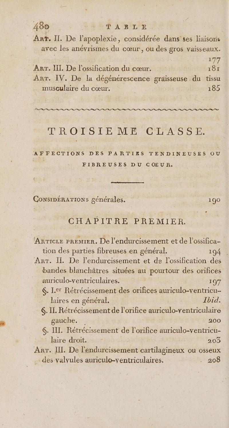Ant. II. De l’apoplexie, considérée dans ses liaisoris avec les anévrismes du cœur, ou des gros vaisseaux. 177 ART. II. De l’ossification du cœur. 181 ArT. IV. De la dégénérescence graisseuse du tissu musculaire du cœur. 185 ad RS Ps ot CS CSS ot rs or dd Rd ct Pt nd PP dé ts or Cd ts NS TROISIEME CLASSE. AFFECTIONS DES PARTIES TENDINEUSES OU FIBREUSES DU CŒUR. ConsipERATIONS générales. 190 CHAPITRE PREMIER. AnrTicce PREMIER. De l’endurcissement et de l’ossifica- tion des parties fibreuses en général. 194 AnrT. Il De l’endurcissement et de l’ossification des bandes blanchâtres situées au pourtour des orifices auriculo-ventriculaires. 197 €. I.er Rétrécissement des orifices auriculo-ventricu- laires en général. Ibid. 6. IL. Rétrécissement de l'orifice auriculo-ventriculaire gauche. 200 6. III. Rétrécissement de l’orifice auriculo-ventricu- laire droit. 203 Arr. HI. De l'endurcissement cartilagineux ou osseux des valvules auriculo-ventriculaires. . 208