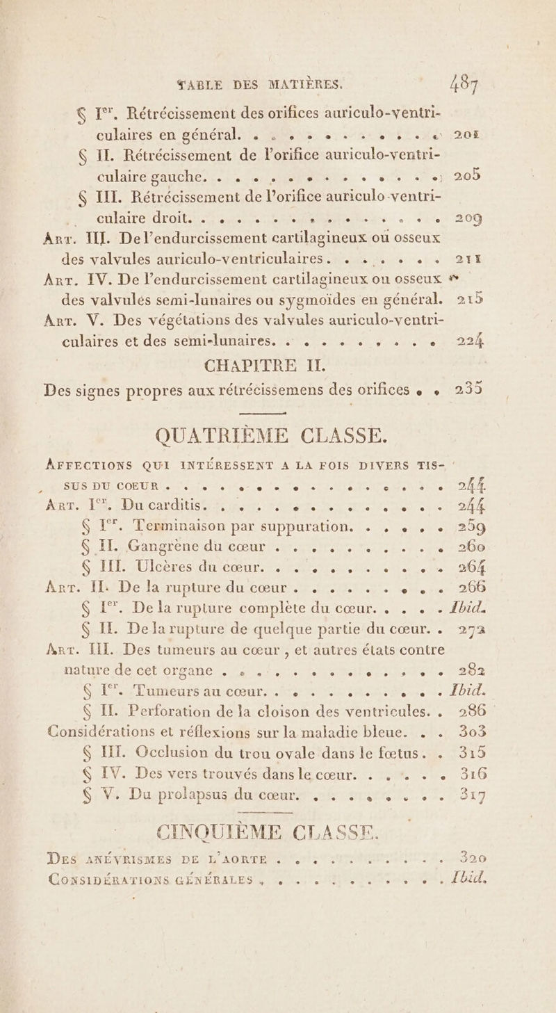 $ I°’. Rétrécissement des orifices auriculo-ventri- culaires.en Séneéral Me 27 es SET NS S IL. Rétrécissement de lorifice auriculo-ventri- culaire gauche. . . « + + + + + + + + + $ III. Rétrécissement de l’orifice auriculo -ventri- RME AE TRRERTE RTE A cn te à 2 4: LE PPS ESS SUR Arr. I. Del’endurcissement cartilagineux ou osseux des valvules auriculo-ventriculaires. . . . + . . Arr. IV. De l’endurcissement cartilagineux ou osseux des valvulés semi-lunaires ou sygmoïdes en général. Arr. V. Des végétations des valvules auriculo-ventri- culaires et des semir-lunaires. «+ + + + + , + + © CHAPITRE II. Des signes propres aux rétrécissemens des orifices ee ee aan QUATRIÈME CLASSE. 205 SU DIR COUU RAP Diese alta ets ArT. 1° Du carditis. :, :. : $ I. Terminaison par suppuration. . , « , « S..IT-SGangrene duftour ere GAL Ciceres ter NRA MES Mate LED Mau NIUE RC ŒULD MMS Te. Le $ L”. De la rupture complète du cœur. . . . . $ IT. De la rupture de quelque partie du cœur. . Art. II. Des tumeurs au cœur , et autres états contre nature de cel Drpane 0 NL PSN TUE ” e + L3 # LI e . e [2 [2 e e e e e L Sul Diienauctnr tr MEN SA 0e de $ IT. Perforation de la cloison des ventricules. . Considérations et réflexions sur la maladie bleue. . . $ IT. Occlusion du trou ovale dans le fœtus. . $ IV. Des vers trouvés dansle cœur. . . “ . . $ V. Du prolapsus du cœur. . . . CINQUIÈME CLASSE sa e e LU e DESCANENRISIES DEUTL AORTE MEME S CET TE, GONSLIDÉLATINNS GENERALES SC MONS POINT ASS 282