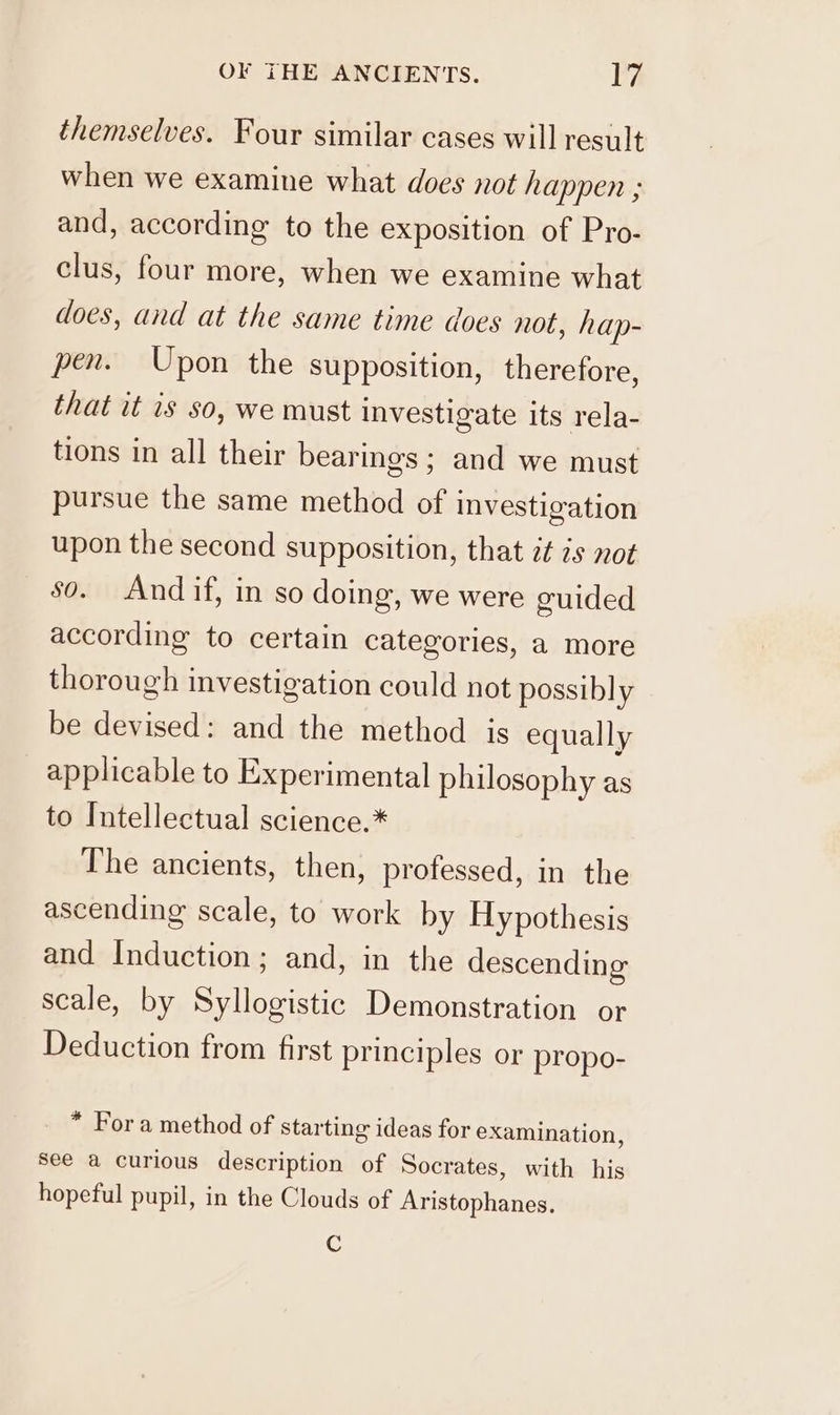 themselves. Four similar cases will result when we examine what does not happen ; and, according to the exposition of Pro- clus, four more, when we examine what does, and at the same time does not, hap- pen. Upon the supposition, therefore, that it is so, we must investigate its rela- tions in all their bearings ; and we must pursue the same method of investigation upon the second supposition, that z¢ is not so. And if, in so doing, we were guided according to certain categories, a more thorough investigation could not possibly be devised: and the method is equally applicable to Experimental philosophy as to Intellectual science.* The ancients, then, professed, in the ascending scale, to work by Hypothesis and Induction; and, in the descending scale, by Syllogistic Demonstration or Deduction from first principles or propo- * Fora method of starting ideas for examination, See a curious description of Socrates, with his hopeful pupil, in the Clouds of Aristophanes. C
