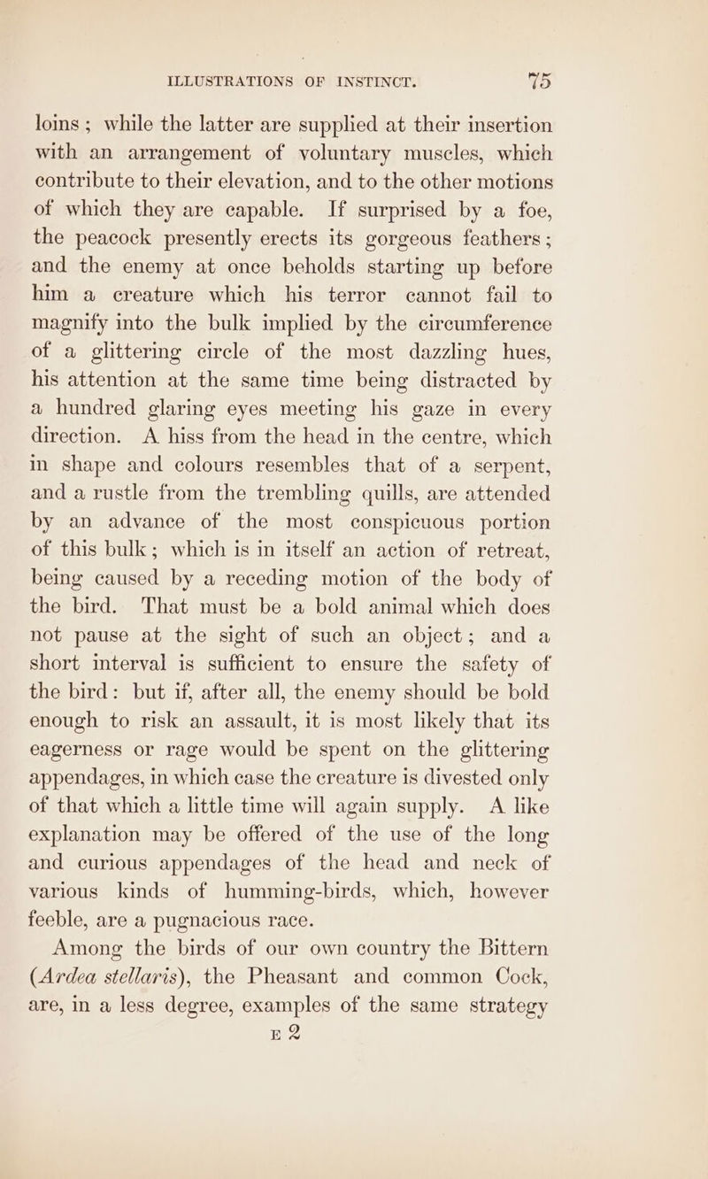 loins ; while the latter are supplied at their insertion with an arrangement of voluntary muscles, which contribute to their elevation, and to the other motions of which they are capable. If surprised by a foe, the peacock presently erects its gorgeous feathers ; and the enemy at once beholds starting up before him a creature which his terror cannot fail to magnify into the bulk implied by the circumference of a glittering circle of the most dazzling hues, his attention at the same time being distracted by a hundred glaring eyes meeting his gaze in every direction. A hiss from the head in the centre, which in shape and colours resembles that of a serpent, and a rustle from the trembling quills, are attended by an advance of the most conspicuous portion of this bulk; which is in itself an action of retreat, being caused by a receding motion of the body of the bird. That must be a bold animal which does not pause at the sight of such an object; and a short interval is sufficient to ensure the safety of the bird: but if, after all, the enemy should be bold enough to risk an assault, it is most likely that its eagerness or rage would be spent on the glittering appendages, in which case the creature is divested only of that which a little time will again supply. A like explanation may be offered of the use of the long and curious appendages of the head and neck of various kinds of humming-birds, which, however feeble, are a pugnacious race. Among the birds of our own country the Bittern (Ardea stellaris), the Pheasant and common Cock, are, in a less degree, examples of the same strategy BR