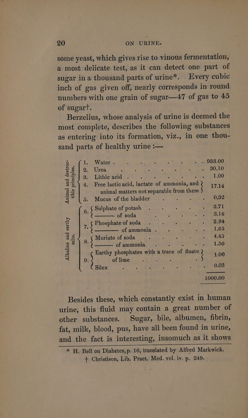 some yeast, which gives rise to vinous fermentation, a most delicate test, as it can detect one part of sugar in a thousand parts of urine*. Every cubic inch of gas given off, nearly corresponds in round numbers with one grain of sugar—47 of gas to 45 of sugart. Berzelius, whose analysis of urine is deemed the most complete, describes the following substances as entering into its formation, viz., in one thou- sand parts of healthy urine :— &amp; (1. Water. : : : ioe . ~ 933.00 7 = 2. ‘Urea ‘ ; ‘ : : ; . 80.10 = ony or). hithig'acidy * . ea ss ye BN 5 E\ 4. Free lacticacid, lactate of ammonia, and } 17.14 a animal matters not separable from them =~ (5. Mucus of the bladder Ce ee: ike aie matieaas ( 6. { Sulphate of potash. : ; ; ere. e A = ~ of soda : : 5 eA aes oy | © 7 ; Phosphate of soda. . : . . 2.94 oe of ammonia . ‘ ; ous SO a Muriate of soda 4 : : : ~ 4A5 o &amp; 8. z ofammonia . 1.50 2 Earthy phosphates with a ace of fee = 1.00 | 9. of lime : : ; Silex . ; 3 ; 5 ; . 0.03 1000.00 Besides these, which constantly exist in human urine, this fluid may contain a great number of other substances. Sugar, bile, albumen, fibrin, fat, milk, blood, pus, have all been found in urine, and the fact. is interesting, insomuch as it shows * H, Bell on Diabetes, p. 16, translated by Alfred Markwick. + Christison, Lib, Pract. Med. vol. iv. p. 249.