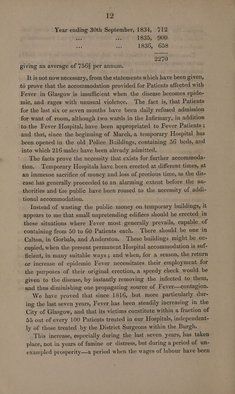 Year ending 30th September, 1834, 712 oh +: 1835, 900 1836, 658 2270 giving an average of 7563 per annum. It is not now necessary, from the statements which have been given, to prove that the accommodation provided for Patients affected with Fever in Glasgow is insufficient when the disease becomes epide- mic, and rages with unusual violence. The fact. is, that Patients for the last six or seven months have been daily refused admission for want of room, although two wards in the Infirmary, in addition to the Fever Hospital, have been appropriated to Fever Patients ; and that, since the beginning of March, a temporary Hospital has been opened in the old Police Buildings, containing 56 beds, and into which 216 males have been already admitted. The facts prove the necessity that exists for further accommoda- tion. Temporary Hospitals have been erected at different times, at an immense sacrifice of money and loss of precious time, as the dis- ease has generally proceeded to an alarming extent before the au- thorities and the public have been roused to the necessity of addi- tional accommodation. Instead of wasting the public money on temporary buildings, it appears to me that small unpretending edifices should be erected in those situations where Fever most generally prevails, capable. of containing from 50 to 60 Patients each. There should be one ‘In Calton, in Gorbals, and Anderston. These buildings might be oc- cupied, when the present permanent Hospital accommodation is suf- ficient, in many suitable ways; and when, for a season, the return or increase of epidemic Fever necessitates their employment for the purposes of their original erection, a speedy check would be given to the disease, by instantly removing the infected to them, and thus diminishing one propagating source of Fever—contagion. We have proved that since 1816, but more particularly dur- ing the last seven years, Fever has been steadily increasing in the City of Glasgow, and that its victims constitute within a fraction of 55 out of every 100 Patients treated in our Hospitals, independent- ly of those treated by the District Surgeons within the Burgh. This inerease, especially during the last seven years, has taken place, not in years of famine or distress, but during a period of un- exampled prosperity—a period when the wages of labour have been
