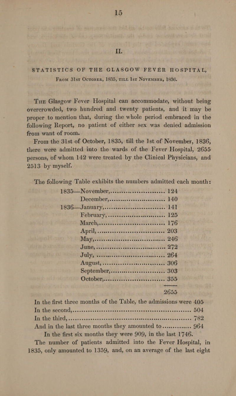 II. STATISTICS OF THE GLASGOW FEVER HOSPITAL, From 3lst Ocrozer, 1835, r1L1 Ist Novemeger, 1836. Tue Glasgow Fever Hospital can accommodate, without being overcrowded, two hundred and twenty patients, and it may be proper to mention that, during the whole period embraced in the following Report, no patient of either sex was denied admission from want of room. From the 3lst of October, 1835, till the Ist of November, 1836, there were admitted into the wards of the Fever Hospital, 2655 persons, of whom 142 were treated by the Clinical Physicians, and 2513 by myself. The following Table exhibits the numbers admitted each month: V835-4 November, (Wi es seek. 124 Decémibser,.5 Qo. wee aio 140 Tesh yaawary, .15. R2TRS CS Na 141 Féebritaryy AR STAS Ss, waa ck. 125 NiareR Cid is aA, OS, 176 Aaprily . veces csed acs wtoalicives 203 Mag AACA HRS 246 Bites, AVI ks 272 TORRID Rs SR hee 264 AtastAY. UG. 8 NAR 306 Septembenvil wih 2RR LMR 303 OOOO. FUR ARS 355 2655 In the first three months of the Table, the admissions were 405 EE ROCESS A Te ee haere 504 IIT 5s on ne aban vd cadeeeg vst devtathaiie ied Vetacnt ap cdbun'e 782 And in the last three months they amounted to.............. 964 In the first six months they were 909, in the last 1746. The number of patients admitted into the Fever Hospital, in 1835, only amounted to 1359, and, on an average of the last eight