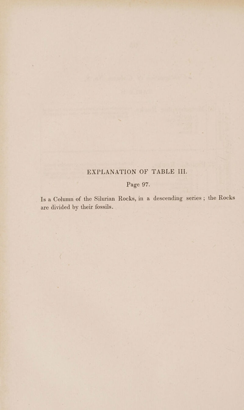 Page 97. Is a Column of the Silurian Rocks, in a descending series ; the Rocks are divided by their fossils.