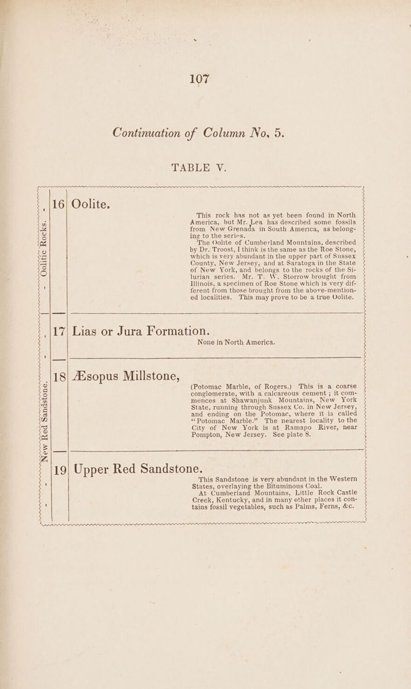 pata Oolitic Rocks. New Red Sandstone. 18 This rock has not as yet been found in North America, but Mr. Lea has described some fossils from New Grenada in South America, as belong- ing to the series. The Oohite of Cumberland Mountains, described by Dr. Troost, I think is the same as the Roe Stone, which is very abundant in the upper part of Sussex County, New Jersey, and at Saratoga in the State of New York, and belongs to the rocks of the Si- lurian series. Mr. T. W. Storrow brought from Illinois, a specimen of Roe Stone which is very dif- ferent from those brought from the above-mention- ed localities. This may prove to be a true Oolite. Aisopus Millstone, None in North America. (Potomac Marble, of Rogers.) This is a coarse conglomerate, with a calcareous cement ; it com- mences at Shawanjunk Mountains, New York State, running through Sussex Co. in New Jersey, and ending on the Potomac, where it is called “Potomac Marble.” The nearest locality to the City of New York is at Ramapo River, near Pompton, New Jersey. See plate 8. This Sandstone is very abundant in the Western States, overlaying the Bituminous Coal. At Cumberland Mountains, Little Rock Castle Creek, Kentucky, and in many other places it con- tains fossil vegetables, such as Palms, Ferns, &amp;c. PRP PAPAPRARABPPPPPR®PPPPA PPP DP IPIDODODOOLOIOIPIOII£0IOLOOOEEOON’_~LO—Y—YE—CIOOO™ LOPODPO_PPPPPPLPALPL_PLPLE LIPLLLPL_EOLPLL_P_LIILILIO