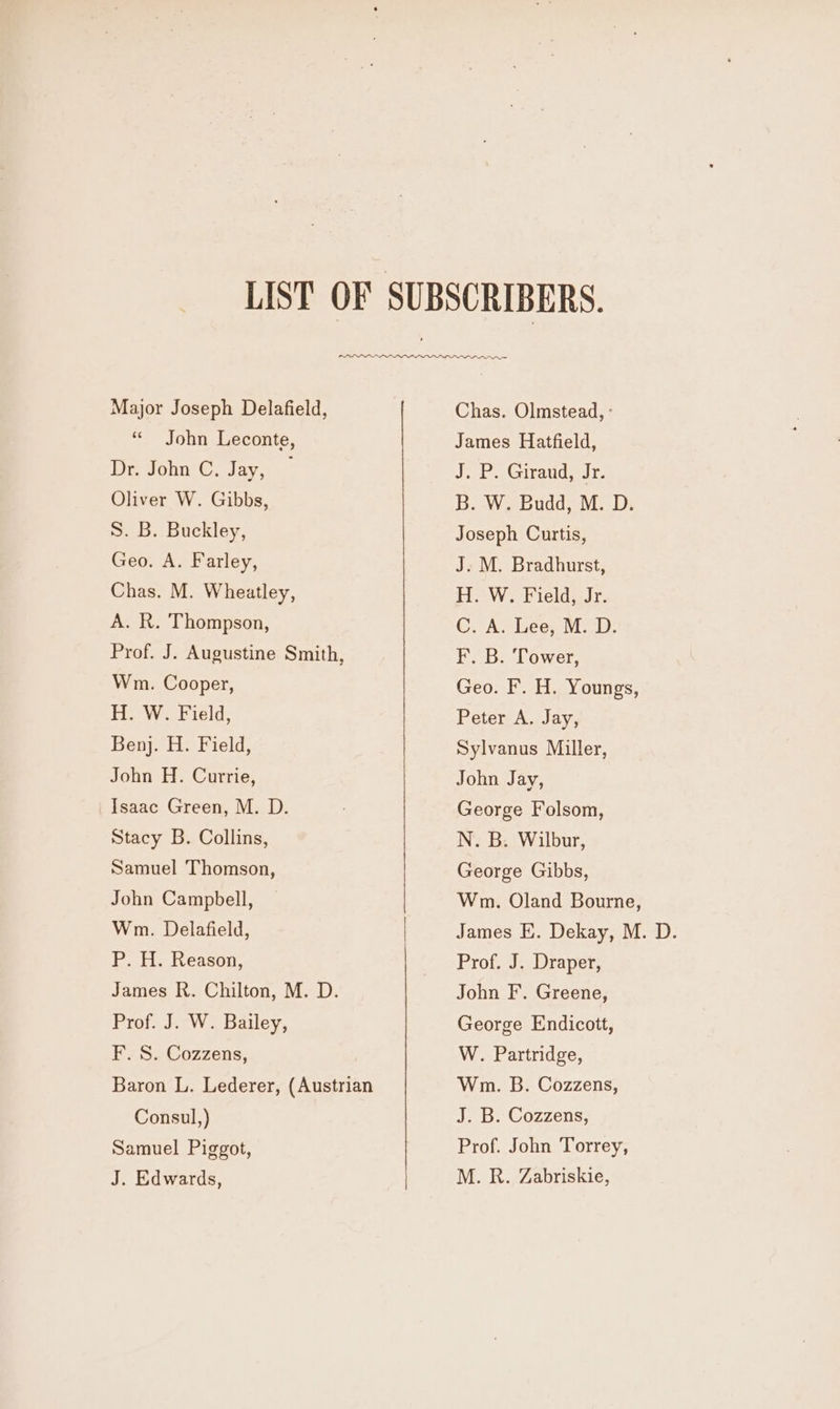 Major Joseph Delafield, “« John Leconte, Dr. John C, Jay, Oliver W. Gibbs, S. B. Buckley, Geo. A. Farley, Chas. M. Wheatley, A. R. Thompson, Prof. J. Augustine Smith, Wm. Cooper, H. W. Field, Benj. H. Field, John H. Currie, _Isaac Green, M. D. Stacy B. Collins, Samuel Thomson, John Campbell, Wm. Delafield, P. H. Reason, James R. Chilton, M. D. Prof. J. W. Bailey, F. S. Cozzens, Baron L. Lederer, (Austrian Consul,) Samuel Piggot, J. Edwards, Chas. Olmstead, ° James Hatfield, J. P. Giraud, Jr. B. W. Budd, M. D. Joseph Curtis, J. M. Bradhurst, H. W. Field, Jr. C. A. Lee, M. D. F. B. Tower, Geo. F. H. Youngs, Peter A. Jay, Sylvanus Miller, John Jay, George Folsom, N. B. Wilbur, George Gibbs, Wm. Oland Bourne, James E. Dekay, M. D. Prof. J. Draper, John F. Greene, George Endicott, W. Partridge, Wm. B. Cozzens, J. B. Cozzens, Prof. John Torrey, M. R. Zabriskie,