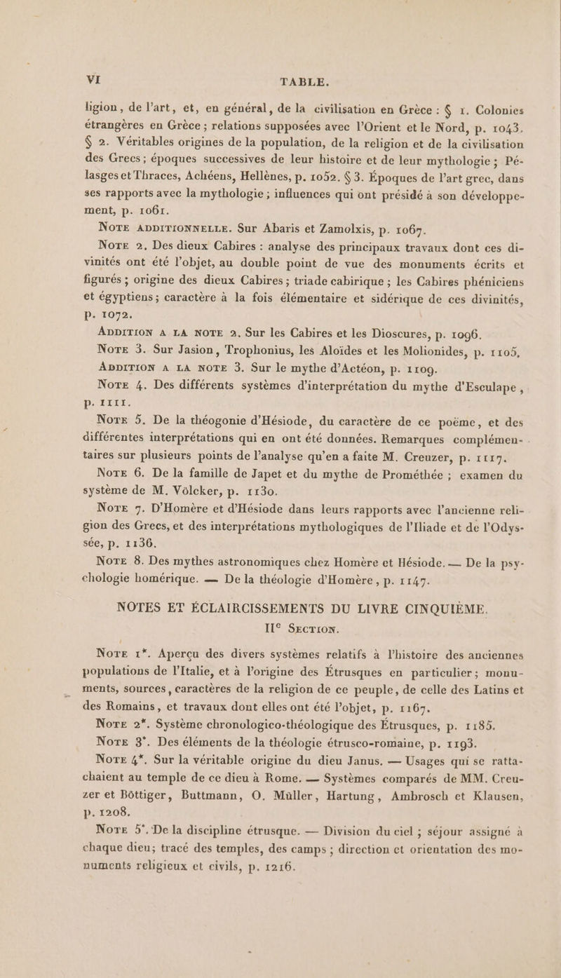 lıgion, de l’art, et, en général, de la civilisation en Grèce : $ 1. Colonies étrangères en Grèce ; relations supposées avec l'Orient et le Nord, p. 1043. $ 2. Véritables origines de la population, de la religion et de la civilisation des Grecs ; époques successives de leur histoire et de leur mythologie ; Pé- lasges et Thraces, Achéens, Hellenes, p. 1052. $ 3. Époques de l’art grec, dans ses rapports avec la mythologie ; influences qui ont présidé à son développe- ment, p. 1061. NOTE ADDITIONNELLE. Sur Abaris et Zamolxis, p. 1067. Nore 2. Des dieux Cabires : analyse des principaux travaux dont ces di- vinités ont été l’objet, au double point de vue des monuments écrits et figures ; origine des dieux Cabires ; triade cabirique ; les Cabires phéniciens et égyptiens; caractère à la fois élémentaire et sidérique de ces divinités, P- 1072. ADDITION A LA NOTE 2. Sur les Cabires et les Dioscures, p. 1096. Nore 3. Sur Jasion, Trophonius, les Aloides et les Molionides, p. 1105, ADDITION A LA NOTE 3. Sur le mythe d’Acteon, p. 1100. NoTE 4. Des différents systèmes d’interpretation du mythe d'Esculape , P'tits Nore 5. De la théogonie d’Hesiode, du caractère de ce poëme, et des différentes interprétations qui en ont été données. Remarques complémen- taires sur plusieurs points de l’analyse qu’en a faite M. Creuzer, p. 1117. NotE 6. De la famille de Japet et du mythe de Prométhée ; examen du système de M. Volcker, p. 1130. Norte 7. D'Homère et d’Hesiode dans leurs rapports avec l’ancienne reli- gion des Grecs, et des interprétations mythologiques de l’Iliade et de l'Odys- sée, p. 1136. Norte 8. Des mythes astronomiques chez Homère et Hesiode. — De la psy- chologie homérique. — De la théologie d’'Homère, p. 1147. NOTES ET ÉCLAIRCISSEMENTS DU LIVRE CINQUIÈME. II Secrıon. NorE ı*. Aperçu des divers systèmes relatifs à l’histoire des anciennes populations de l'Italie, et à l'origine des Étrusques en particulier; monu- ments, sources, caractères de la religion de ce peuple, de celle des Latins et des Romains, et travaux dont elles ont été l’objet, p. 1167. Nore 2*. Système chronologico-théologique des Etrusques, p. 1185. Note 3°. Des éléments de la théologie étrusco-romaine, p. 1193. Note 4*. Sur la véritable origine du dieu Janus. — Usages qui se ratta- chaient au temple de ce dieu à Rome. — Systèmes comparés de MM. Creu- zer et Bôttiger, Buttmann, O. Müller, Hartung, Ambrosch et Klausen, p. 1208. Nore 5°. De la discipline étrusque. — Division du ciel ; séjour assigné à chaque dieu; tracé des temples, des camps ; direction et orientation des mo- numents religieux et civils, p. 1216.