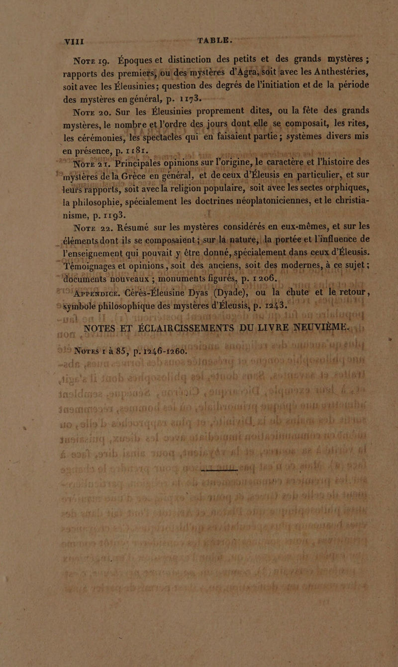 Norr 19. Époqueset distinction des petits et des grands mystères ; rapports des premieïs} /ou/des'mysteres d’ Agra,soit avec les Anthesteries, soit avec les Éleusinies; question des degres de Don et de la période des mystères en général, p- 1193 Nore 20. Sur les Eleusinies proprement dites, ou la fête des grands mystères, le nombre et. d'ordre des jours dont elle ‚se ‚composait, les rites, les cérémonies, les ‘spectacles qui én faisaient te ae divers mis Er presence, P- I 167. sait ro! IR TA) y gate fs Re 49 gai ar Nore &gt; 2 ‘Principales opinions st sur Po ‘origine, | le caractère, et l'histoire des Paz mystères de la Grece en ‚general, et de ceux d'Éleusis en particulier, et sur leurs Tapports, soit avec la religion populaire, soit avec les sectes orphiques, la philosophie, spécialement les doctrines néoplatoniciennes, et le christia- nisme, p. 1193. La | Norz 22. Résumé sur les mysteres considérés en eux-mêmes, et sur les _;élémentsdontils se composaiént; :sur,la-nature,; da portée:et l'influence de _ l’enseignement, qui pouvait y. être donné, spécialement dans ceux d’Eleusis. _ Témoignages et opinions, Soit des anciens, soit des modernes, à Rufe sujet; ; ERW 33993123 81.98 “documents” nouveaux ; monuments figurés, P-1 I 206. 02 341439 7377 änlenie; act y APPENDICR. CUS Éleusne Dyas (Dyade), ou ir ehute et le retour, ns HUB Re des Du d’Eleusis, p. 14449 a9 AO NT ARAPES CET E eh ARE FESTER Hyjal ö QE er 2 a OR He en ir | FES &amp; ; tros'a 1 110% 898 saleté 264380 RME TIRER ds sa GERATEN 9 $ | : f 3 x Ty Vis : 6 vo: &amp; Fi Walze : À 1023 à Are EIER 4 'TRTII VE Fur + [a IDG IDIE ARE ES ER . D'ERE LUE N Ei 3% 24 Hi Ark 23 Es She Er : Lew 37 he. ud be HT F{$i j: Ji JE LAVER SER | LEE US Hei DELLE ONE MIO SEL ESE iO 49112 Ù sind .dn ‚Sisshyad. | ul IE SE RB S1i NES 3433 | 1 VE AS GARE Hé) RFO DR EXCRTEE FREE À &lt; ib 1208 TO EA PER DER TS LNH TBE LENS A EEE sn at DIS TA AR 7 BR GE RENE UNS ANR EE rt ER ; ; b : sisi TEUER: ET 3 ÿ 41 194 ä x 2 Ef if à 2m M &gt; j yör Lux 1 Pi FE: ® N - LEITETE 1 2“ i x x x. El jar 4 ; fa : 7 : 1 V2 té Yes à ; A : À f. “HP CAN WE