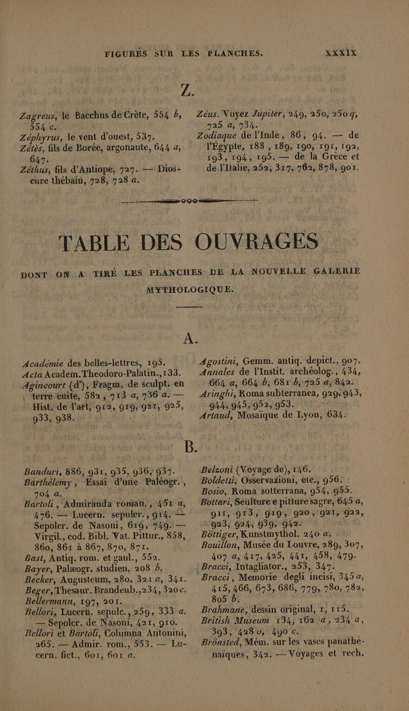 Zagreus, le Bacchus de Crète, 554 b, ÉTAT - Zephyrus, le vent d’ouest, 537. Zérès, fils de Borée, argonaute, 644 a, 647. Zethus, fils d’Antiope, 727. — Dios- cure thébain, 728, 728 a. EE TABLE DES Zeus. Voyez Jupiter, 249, 250, 2509, 725 a, 734. Zodiaque de l'Inde, 86, 94. — de l'Égypte, 188 , 189, 190, 191, 192, 193, 194, 195. — de la Grèce et de l'Italie, 252, 317, 762, 878, got. OUVRAGES Académie des belles-lettres, 195. Acta Academ.Theodoro-Palatin., 133. Agincourt (d’), Fragm. de sculpt. en ‚ terre cuite, 582, 713 a, 736 a. — Hist. de l’art, 912, 919, 927, 929, 933, 938. Agostini, Gemm. antiq. depict., 907. Annales de l’Instit. archeolog., 434, 664 a, 664 b, 681 b, 725 a, 842: Aringhi, Roma subterranea, 929; 943, 9445 945, 952, 953. | Artaud, Mosaique de Lyon, 634. Banduri, 886, 931, 935, 936, 937. Barthélemy, Essai d’une Paléogr., 704 a. { Bartoli , Admiranda roman. , 45t a, 476. — Lucern. sepuler. , 914. — Sepoler. de Nasoni, 619, 749. — Virgil., cod. Bibl. Vat. Pittur., 858, 860, 861 à 867, 870, 871. Bast, Antiq. rom. et gaul., 552. Bayer, Palæogr. studien, 208 6. Becker, Augusteum, 280, 3214, 341. Beger, Thesaur. Brandenb.,234, 320 c. Bellermann, 197, 201. Bellori, Lucern. sepulc., 259, 333 a. — Sepolcr. de Nasoni, 421, 910. Bellori et Bartoli, Columna Antonini, 265. — Admir. rom., 553. — Lu- cern. fict., 601, 60: a. Belzoni (Voyage de), 146. Böldetti, Osservazioni, elc., 956. Bosio, Roma sotterrana, 954, 955. Bottari, Seulture e pitture sagre, 645 a, 911, 913, 919, 920, 921, 022, 923, 924, 939, 942: Bôttiger, Kunstmythol. 240 ai Bouillon, Musée du Louvre, 289, 307, 407 a, 417, 425, 441, 498, 479. ‚Bracei, Intagliator., 253, 347. Bracci, Memorie degli incisi, 345 a, 415, 466, 673, 686, 779, 780, 782, 805 D. Brahmane, dessin original, 1, 115. Britisi Museum 134, 162 a, 234 a, 393, 4280, Ayo c. £ Brönsted, Mem. sur les vases panathe- naiques, 342. — Voyages et rech.