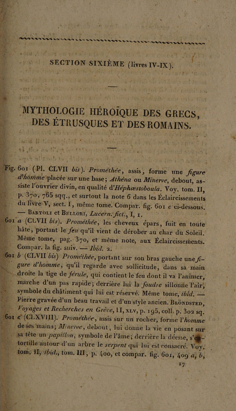 LL 46 au PEER ES US LA ra ar À ur LV aan urn 1 ,» f 4 f i Éd \ mn arm AA EN VS van … _: SECTION SIXIEME (livres IV-IX ). N . ; ; 14 LT mr MYTHOLOGIE HÉROÏQUE DES GRECS, DES ÉTRUSQUES ET DES ROMAINS. LA SA ES È NE ut be 4 ; 3 : i — er “re PEUR je - ER qrit,e BOT AT TE 4 ie Gt y ; hr \ “Fig. 601 (Pl. CLVIT dis). Prométhée, assis, forme une figure 4h TNT UOTE 1 7] ; ka ‘ ‘ Es - - d’hômme placée sur une base; Athéna ou Minerve, debout, as- ; En “ siste l’ouvrier divin, en qualité d’Hephastoboula. Voy. tom. II, ‘3 p.370; 765 sqq., et surtout la note 6 dans les Éclaircissements LA: du livre V, sect. 1, même tome. Compar. fi — BarTozr et BELLORT, Lucern fict., ek - Br. (CLVII dis). Promethee, les cheveux épars, fuit en toûte NA g. 601 c ci-dessous, 4 D hâte, ‘portant le feu qu’il vient de derober au char du Soleil.“ …_ Mérme tome, Pag. 370, et même note, aux Éclaircissements. = Compar. la fig. suiv. bi a) | (6or b (ELVII bis) Promeihee, portant sur son bras gauche une f- …_ gure d'homme, qu'il regarde avec sollicitude, dans sa ‘main » droite la tige de ferule, qui contient le feu dont il va l’'animer, “ : marche d’un pas rapide; derrière lui la foudre sillonne l'air, symbole du châtiment qui lui est réservé. Même tome, ibid. — Pierre gravée d’un beau travail et d’un style ancien. BRônpsren, + Voyages et Recherches en Grèce, LI, xLv, p. 195, coll. p. 302 sq. f 6or ce (CLXVI I). Prométhée, assis sur un rocher, forme l’homme Be; de ses nains; Minerve, debout, lui donne la vie en pos ant sur. La ‚tortille'antour d’un arbre le serpent qui lui est consacré. Voy. | | tom; bit, tom. HT, p. 400, et compar. fig. 601, 409 a, b, De m \ à | .