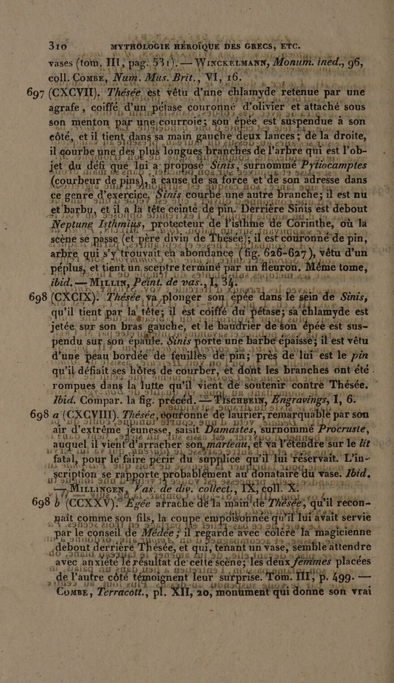 &amp; UN vases (tom, I, pag. ! 531). — WincR rare onu. ined., 96, coll. Cowse, 2 Nu. Mus. ER VI, 16. 697 (CXCVID. Thésée sr vêtu d'une ‘chlamyde Es ol” par une DEMNITRENTE agrafe , coiffé d'un ‚pelase | eouronne d’olivier et attaché sous 4GB. KES blres [69 ES p JA VS QÉ:: urroie; son ee est sus Rides a son son menton par une courr ST nee 169 3303 ha so côté, et. tn, he in anche dep A ea il gourbe ine In a KIEL PARA ON ARTE es: LP jet du defi que Sinis, ‘surnommé 'ytiocamptes SION LU A 2 Sad: à sH BUE KT e ÉTAIT des E] | LE | ause, de sa force et de s ad resse dans (courb ts de pins) ha 3 123 gu once et. 3 SL ass ce genre „a FAST | Déni t cour ‚une autre branc es il est nu LYiY 110 Lg SAREAION CT WERNE et ‘barbu, ét il a la té ste ceinté erriere Sinis est ‘debout pin. 33204 Fi © Sy NUSPITCH FA ade ib Neptune Isthm Pr PAS a e de e Corinthe, où là °° JE ,SHIBVE scène 5 se ie ère ae Ie A e il L est © couronne def pin, 2 IE 14 arbre qui s 'y.Houyatt en aben anc ig, 26 637), vetu d’un 102 A1 mmoOr 3) ra Bi Sul) A DE CA FER 5 peplus, „et tient ‘an, ‚scepfre terminé par un fleuron. Möme tome, 90 SC ii ei Ja use, 254 rt a. ibid. M ILLIN, PV de vas. Dr 35. 1 fi uno a VOY 2 NI D Zara zul: Jovi 698 (CXCE X). Thesee Ay Br son) epe e dans Te fe n de Sinis, qu'il tient ; par. 1a‘ “tête; Rio coiffé du rt sa € lamyde est GAL A De FREIE! xp xd e Jetée, sur. son bras Es Le, eti bat CCE n dj ee est sus- Fit 933 SAR DEIVBERTE à HALO AS re Le à pendu sur, son € Sinis orte une épaisse; il'est vêtu eui liès de Si Jah d une péau bordée de quille de, cr Ke de’ lui est le pin ki JDiéiéets NNTerS + qu il défiait ses h hôtes de cour er, ét dont les branches ont'éte . 37 PUR 3 GER RTS Se: » Ki AD Jr da rompues dans la 1 utte ja il Vient de soutenir contre Thesee. Nie 5Q 1993 us Juslianın à Ibid, Compar. la fig. p ran REIN, À neravin; gs, 1, 6. 698. a (CR GPO: Thésées donronné 1 aurier, a auee par son HD SIC ea (ii air l'extrême je eunesse salsit Lu surnommé | rocrusle, A TRE 670 é au ‘Île eiean 185 „1311780, dann ; auquel il vient arrie er sohn marteau, ét va V'ête näre su sur le Ze. Ir erg, Ki ide NHSIHH) 3 169 91108 T 2,12 «9408 fatal a e faire erir du supplice n6 lui ‘réservait. L’in- Hi Sa | UD ud ah Sea yes pas AO aiib er iption se rah orte, BE ablément au donataire u vase. Ibid. 3EBNOl DAU à Vas 33110 de DéeS QI le RON UT PLIS EN Li ip. ‘col ect: doll NW = = m u IKT na | 698 rs (C (CCXXV)* het fc rathedeHi sa ésée qu'à il recon- „gait, comme son fl, He pe. ‚em en nee quil ui à avait servie Er DEREN ‘colère fa magicienne po 3 par, le cı KE e dee; i regarde avec CO BROSSE, Rich MODIE 3% „Be „de ebout derriere, T ésée, et qui, | ‚te tenant un vase, sem mble attendre Ô SAT SEHE 91 ° ja? 25 «9419 us: ten avec anxiété LA résulta e'celté: scène; les deux &gt;ferimes placées fi ‚eis GTR 91 E usa ılns i ADIZSSCHANLE jG8 : e l’autre côté témoi Ba eur surprise. Tom ‚TI, p : 499. a RI». AB .(ltOi ei = sbnshzue als A Come, Terracott., X 30, monument qui ASE son vrai -