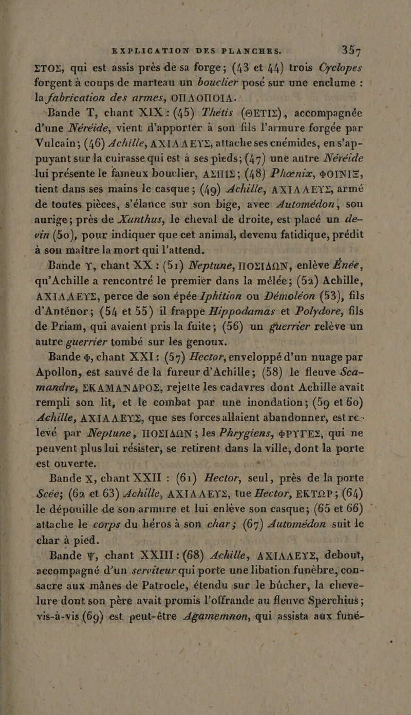 TOY, qui est assis près de sa forge; (43 et 44) trois Cyclopes forgent à coups de marteau un bouclier posé sur une enclume : la fabrication des armes, OILAOIIOIA. ‘Bande T, chant XIX: (45) Thetis (GETIS), accompagnée d’une Néréide, vient d’apporter à son fils ’armure fergée par Vulcain; (46) Achille, AXIAAEYS, attache ses cnémides, ens’ap- puyant sur la cuirasse qui est à ses pieds; (47) une autre Nereide lui présente le fameux bouclier, AXTIS ; (48) Phoenix, SOINIE, de toutes pièces, s’élance sur son bige, avec Automédon, son aurige; près de Xunthus, le cheval de droite, est placé un de- vin (50), pour indiquer que cet animal, devenu fatidique, prédit a son maître la mort qui l'attend. | Bande Y, chant XX : (51) Neptune, TOSIAQN, enlève Enee, qu’Achille a rencontré le premier dans la mélée; (52) Achille, AXIAAEYE, perce de son épée Zphition ou Demoleon (53), fils d’Anténor ; (54 et 55) il frappe Hippodamas et Polydore, fils de Priam, qui avaient pris la fuite; (56) un sl relève un autre guerrier tombé sur les genoux. Bande +, chant XXI: (57) Hector, enveloppé d’un nuage par Apollon, est sauvé de la fureur d'Achille; (58) le fleuve Sca- mandre, EKAMANAPOS, rejette les cadavres dont Achille avait rempli son lit, et le combat par une inondation; (5g et 60) … Achille, AXIAAEYZ, que ses forces allaient abandonner, est re levé par Neptune, TOSIAQN ; les Phrygiens, &amp;PYTES, qui ne peuvent plus lui résister, se retirent dans la Malle Men la porte est ouverte. &gt; Bande x, chant XXII : (61) Hector, seul, près de la porte Scee; (62 et 63) Achille, AXIAAEYS, tue Hector, EKTOP ; (64) attache le corps du héros à son char; (67) Autnmédion suit le - char à piéd. accompagné d’un serviteur qui porte une libation funèbre, con- sacre aux mânes de Patrocle, étendu sur le bücher, la an: lure dont son père avait promis l’offrande au fleuve Sperchius ; vis-à-vis (69) ‚est peut-être Agamemnon, qui assista aux finé- .