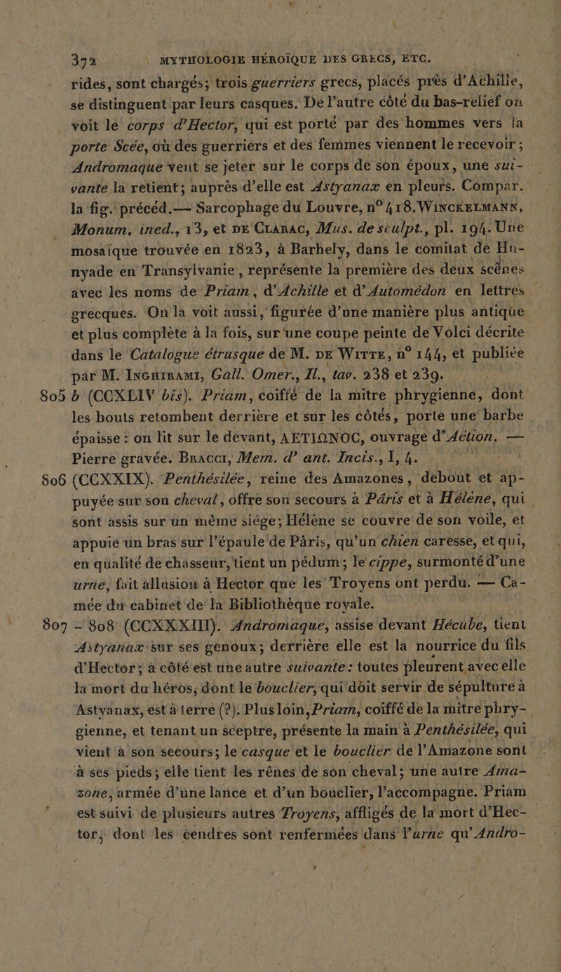 8505 506 807 372 MYTHOLOGIE HÉROÏQUE DES GRECS, ETC. rides, sont chargés; trois guerriers grecs, placés près d'Achille, se distinguent par leurs casques. De l’autre côte du bas-relief on voit le tu: d’Hector, qui est porté par des hommes vers la porte Scee, où des guerriers et des femmes viennent ler ecevoir ; Andromaque veut se jeter sur le corps de son époux, une sui- vante la retient; auprès d’elle est Astyanax en pleurs. Compar. la fig. précéd.— Sarcophage du Louvre, n° 418. WiNCRELMANN, Monum. ined., 13, et DE 'Crarac, Mus. de sculpt., pl. 194. Une mosaique trouvée en 1823, à Barhely, dans le comitat dé Hn- nyade en Transylvanie, représente la première des deux scènes grecques. On la voit aussi, figurée d’une manière plus antique et plus complète à la fois, sur une coupe PE de Volci décrite dans le Catalogue étrusque de M. ve Wırte, n° 144, et publiée par M. Ivcarraut, Gall. Omer., IL, tas. 238 et 239. b (CCXEIV bis). Priam, coifie de la mitre phrygienne, dont les bouts retombent derrière et sur les côtés, porte une barbe épaisse : on lit sur le devant, AETIONOC, ouvrage d’ Aétion, — Pierre gravée. Braccı, Mem. d’ ant. Incis., 1, 4. 54 (CCXXIX). Penthésilée, reine des Amazones, debout et ap- puyée sur son cheval, öffre son secours à Pärıs etàa H 'elene, qui, sont assis sur un même siege; Hélène se couvre de son voile, et appuie un bras sur l’epaule de Päris, qu’un chien caresse, et qui, en qualité de chasseur, tient un pédum; le cippe, surmonté d’une urne, fait allusion à Hector que les’ Troyens ont perdu. — Ca- mee du cabinet de: la Bibliothèque royale. | - 808 (CCXXXIII). Andromaque, assise devant Hécube, tient Astyanax ‘sur ses genoux; derrière elle est la nourrice du fils d’Hector; à côté est une autre suivante: toutes pleurent avec elle la mort du héros; dont le bouclier, qui dôit servir de sépulture à Astyanax, esta terre (?). Plus loin, Priam, coiffe de la mitre phry- gienne, et tenant un Sceptre, présente la main à Penthesilee, qui vient à son secours; le casque et le bouclier de l’Amazone sont à ses pieds; elle tient les rênes de son cheval; une autre Ama- zone, armée d’une lance et d’un bouclier, l'accompagne. Priam est suivi de plusieurs autres Zroyens, affligés de la mort d'Hec- tor, dont les cendres sont renfermées dans Vurre qu’Andro-