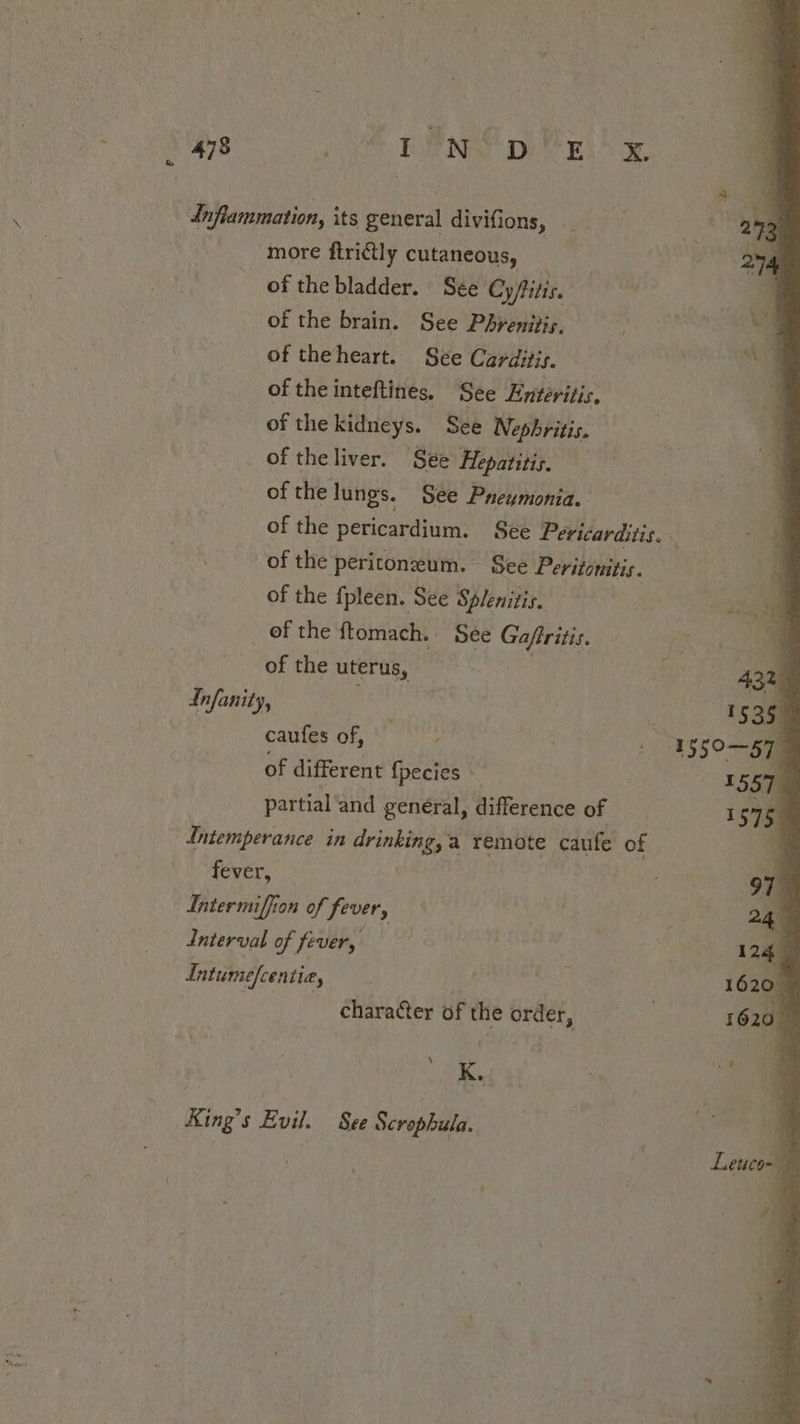 Inflammation, its general divifions, | more ftrictly cutaneous, _ of the bladder. See Cy/itis. of the brain. See Phrenitis, of theheart. See Carditis. of the inteftines. See Enteritis. of the kidneys. See Nephritis. _ of theliver. See Hepatitis. of the lungs. See Pneumonia. of the pericardium. See Pericarditis. . of the peritoneum. See Peritonitis. of the fpleen. See Splenitis. of the ftomach. See ys of the uterus, Infanity, caufes of, of different {pecies - partial ‘and general, difference of Intemperance in drinking, a remote cafe of fever, Lntermiffion of fever, Interval of fever, Intumefcentiay character of the order, \ K, King’s Evil. See Scrophula.