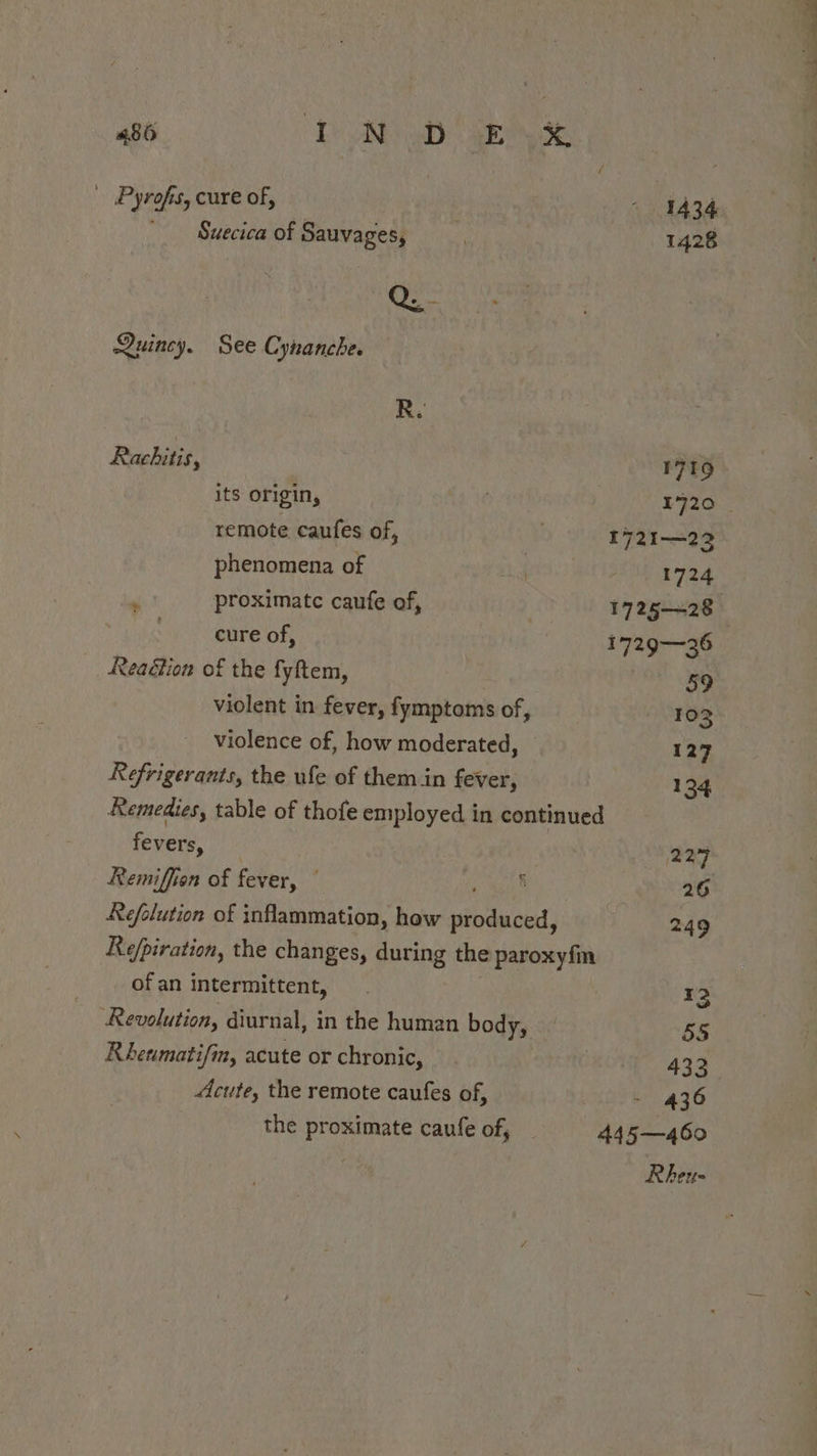 Pyrofts, cure of, | - 1434 - Suecica of Sauvages, 1428 Quincy. See Cynanche. R. Rachitis, 1719 its origin, ; 1720 _ remote caufes of, 1721—22 phenomena of 1 1724 r proximate caufe of, | 1725—28 cure of, 1729—36 Reaction of the fyftem, 59 violent in fever, fymptoms of, 103 violence of, how moderated, 127 Refrigerants, the ufe of them in fever, 134 Remedies, table of thofe employed in continued fevers, 229 Remiffion of fever, a ih: 26 Refolution of inflammation, how produced, 249 Re/piration, the changes, during the paroxyfin ofan intermittent, 12 Revolution, diurnal, in the human body, — 55 Rheumatifin, acute or chronic, 432 Acute, the remote caufes of, - 436 the proximate caufe of, _ 445—460 . Rheu-