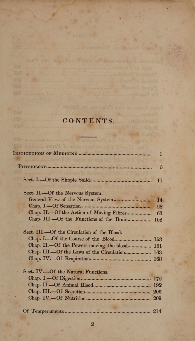 # CONTENTS. INSTITUTIONS OF MEDICINE ....ccccssscsssscsesccvsscveseccvesessscesorsessccesre ] # ne te a Oto Prieta ate Reise «AAD sata Powees Weandgstalal ess 5 Sect. I.—Of the Simple Solid......c..essrsccsssserstssssccee LI Sect. II.—Of the Nervous System. oe General View of the Nervous System .cseseccsseseeesseee oo 14 Chap. T.-OF Sensation.....0::-..ccassessssssccccseansseccserel i ..ncae 28 Chap. I1.—Of the Action of Moving Fibres..............0000 63 Chap. III.—Of the Functions of the Brain................. 102 Sect. III.—Of the Circulation of the Blood. Chap. I—Of the Course of the Blood.....c.cscsscsssssessseaes 158 Chap. II.—Of the Powers moving the blood... 161 Chap. III.—Of the Laws of the Circulation.............. Desine 163 Chap. [V:-—Of Respiration.........cccscscscssssscscsessces seceeseneens 168 Sect. [V.—Of the Natural Functions. | | Chay: Eas RPP Di gGR Et racecccstscbsssansctsasseacenssterdessess cosaserusyas 172 Chap. IT.—Of Animal Blood..........sscsssssssssessessees javeranl 192 Chap. ITL.—Of Secretion... sssesscsessossssssseeereeens yi bivagais 206 Chap. 1V.—Of Nutrition ..........cs0008 TREE yale Re 209 Of Temperaments ee ree ensanacenesetes » 214