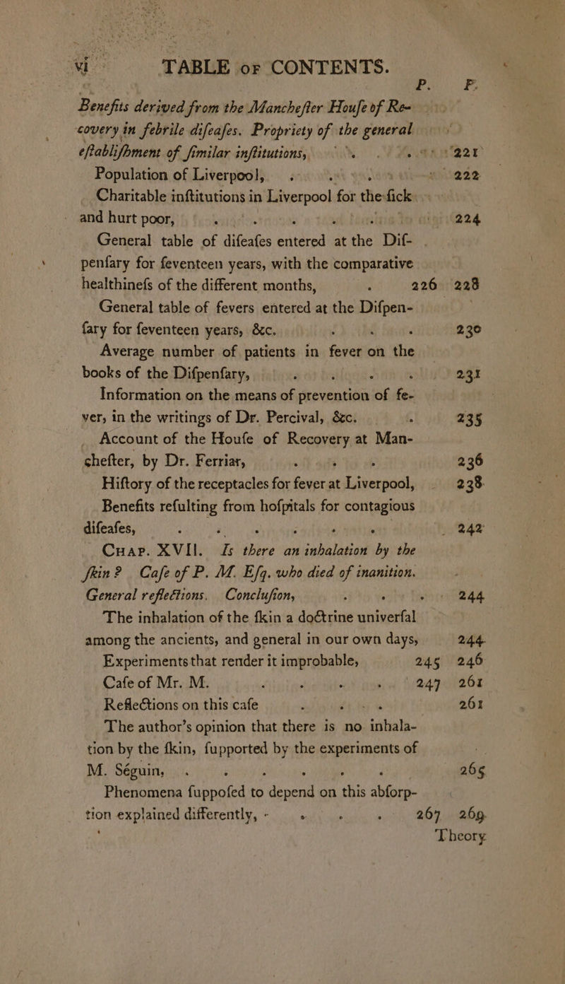 e . P. Benefits derived from the Manchefter Houfe of Rew — covery in febrile difeafes. Propriety of the ga Population of Liverpool, Charitable inftitutions in “sia for tlie fick. ~ and hurt poor, | penfary for feventeen years, with the comparative healthinefs of the different months, : 226 General table of fevers entered at the Difpen- fary for feventeen years, &amp;c. Average number of patients in fever on cha books of the Difpenfary, ; : ; Information on the means of prevention of fe- yer, in the writings of Dr. Percival, &amp;c. _ Account of the Houfe of Recovery at Man- chefter, by Dr. Ferriar, ‘ . Hiftory of the receptacles for fever at Liverpool, Benefits refulting from iene for contagious difeafes, ; Cuar. XVII. &amp; pine an Goud ips the Jrin? Cafe of P. M. Efq. who died of inanition. General reflections. Conclufion, . , The inhalation of the fkin a doctrine univerfal among the ancients, and general in our own days, Experiments that render it improbable, 245 Cafe of Mr. M. : : ‘ jai! AG Reflections on this cafe % The author’s opinion that there is no. inhala- tion by the fkin, fu aii by the experiments of M. Séguin, Phenomena Rand to coe on ai Sige tion explained differently,~ . . ‘ 267 224 2,30 231 235 236 238: 244 244 246 261 261 266 269.