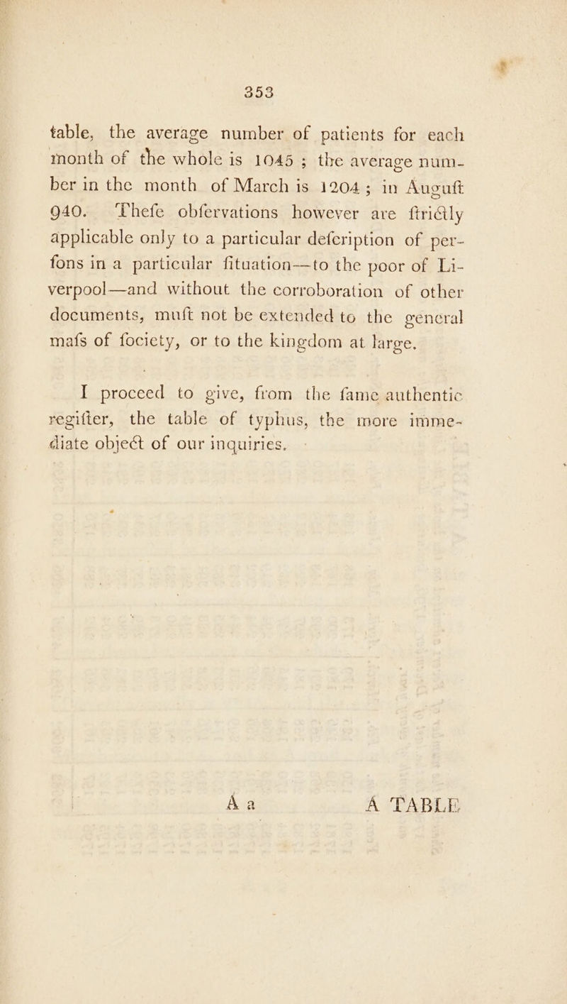 table, the average number of patients for each month of the whole is 1045 ; the average num- ber in the month of March is 1204; in Auguft 940. ‘Thefe obfervations however are ftriGly applicable only to a particular defeription of per- fons in a particular fituation-—to the poor of Li- verpool—and without the corroboration of other documents, muft not be extended te the gencral mafs of focicty, or to the kingdom at large. I proceed to give, from the fame authentic regifter, the table of typhus, the more imme- diate object of our inquiries, Aa A TABLE