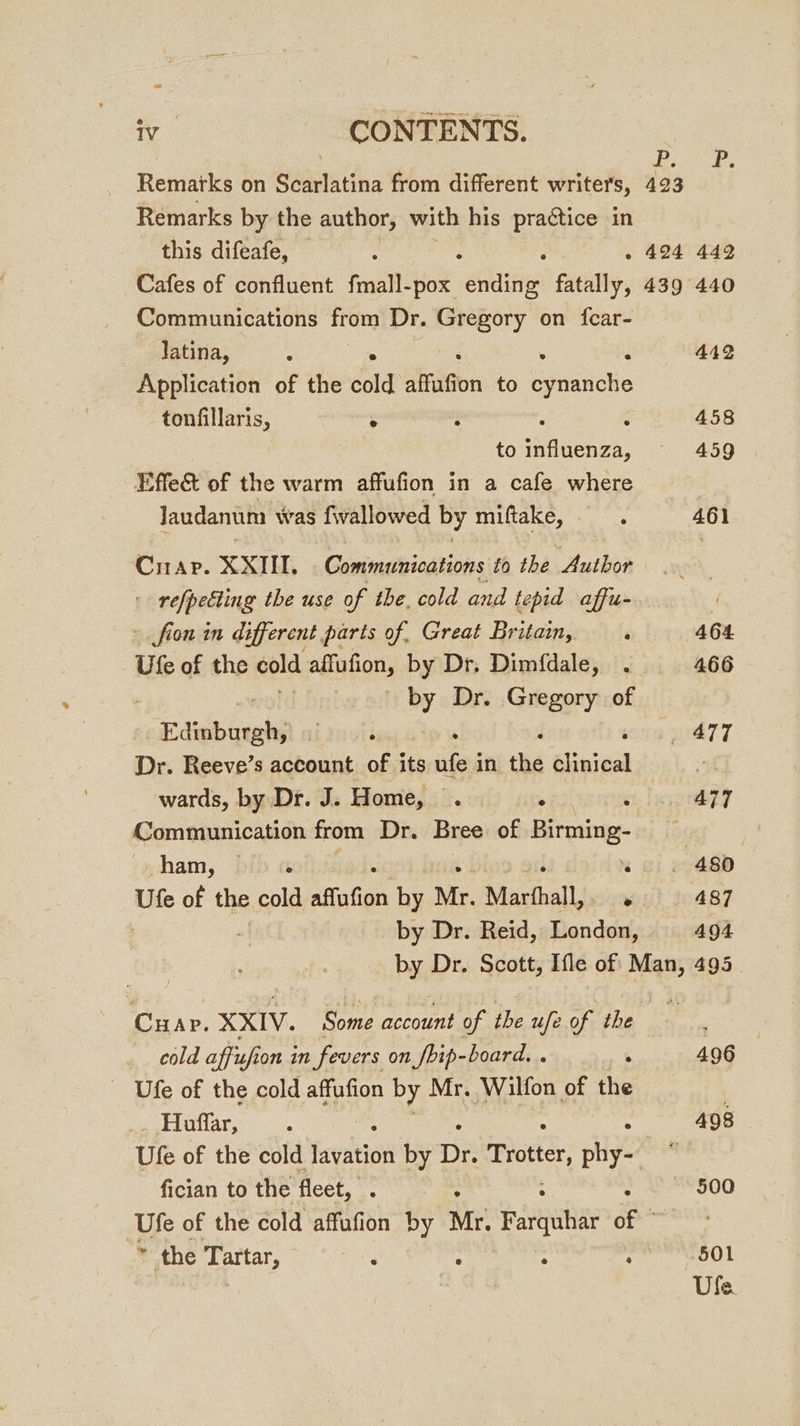 Remarks on Scarlatina from different writers, ia i Remarks by the author, with his practice in this difeafe, P . 424 442 Cafes of confluent fmall-pox ending! fatally, 439 440 Communications stony Dr. Gregory on fear- | Jatina, . “ é 442 Application of the cold alfith on to Eee tonfillaris, : : : g 458 | toinfluenza, 459 Effe&amp; of the warm affufion in a cafe where | Jaudanum was fwallowed by miftake, ; 461 Crap. XXIII. Gommucioations to the Author ' refpedling the use of the. cold and tepid affu- : » fion in different parts of. Great Britain, . 464 Ufe of the cold affufion, by Dr, Dimfdale, . 466 | bY Dr. Gregory of .. Edinburgh; ; a ork 77 Dr. Reeve’s account of its fej in aa clinical oe wards, by Dr. J. Home, a . : A477 Communication from Dr. Bree of Birming- ham, bib % ci eoaSD Ufe of the cold affution by Mr. Marthall, ° 487 by Dr. Reid, London, 494 by Dr. Scott, Ifle of Man, 495. Cuar. XKLy. Some account of the ufe of the cold affiufi on in fevers on Sbip-board. . 496 Ufe of the cold affufion by Mr. Wilfon of the . Hoflfar, : - 498 Ute of the cold Favatiol by 5 Trotter, phy- © fician to the fleet, : : ~- 500 We of the cold affufion by Mr. pavetay of oars ” the Tartar, : : ; ; 501 | Ule.