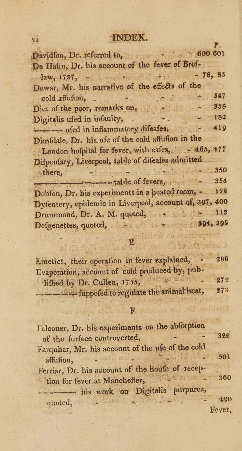 P. : Davidion, Dr. referred Rahs ewe 600 601 De Hahn, Dr. his scoout of the fever of B Bret. | -daw,. 1787, Set hy eran UF ee koe 78, 85 Dewar, Mr. his: narrative of. the effects nf the. | _ cold affufion, ed - Mat 4 re 547 Diet of the poor, remarks 00, Tk AD ED oR TROP ; Digitalis ufed in infanity, v net 2 OG ins oi —_-—~ ufed in inflammatory. difeafes, ane ~~ 419 Dimfdale, Dr. his. ufe of the cold affufion i in the _; London hofpital. for fever, with cafes, ita ve 7 Dilpeiihity, Lieupevs table 'of fiteetes admitted - there, =! mite 13001 wie, BHO a ro pit of. fevers, ae : +P te oe “Dobfon, Dr. his experiments.in a heated roomy. 28 Dyfentery, epidemic in Liverpool, account aby 307. ae ae Drummond, Dr. A. M. ee hy ot elk aie 112 Pelganehinty quoted, eeeSis anh Ys i | DAs 395 ts Se i TS oa 8 = ve Emeticé, ‘their operation in “fever explained, — j 986 | Evaporation, ‘aécount of cold. pore by; ped: sm ‘hithed. by B Dr. ‘Cullen, 1758, ee. a “O72 ane et fuippoted to vegilate the sie reat, 973 et _ Falconer, Dr. his experiments on the ae | of the furface controverted, oe 322 Farquhar, Mr. his account of the: ale of the cold | affufion, 2.) z, sae - $0! Rerciar, Dr. his account tof he inte of recep: ee “tion for fever at Manchefter, ee ky ~' 360 ~ his work on as ae ee | quoted, e ST # 420