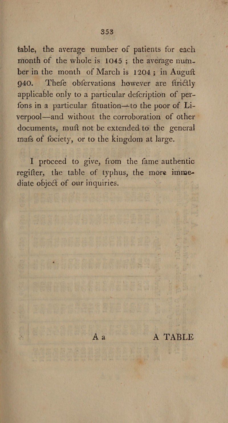 table, the average number of patients for each mionth of the whole is 1045 ; the average num- ber in the month of March is 1204; in Augutft 940. ‘Thefe obfervations however are firictly applicable only to a particular defcription of per- fons in a particular fituation—to the poor of Li- verpool—and without the corroboration of other documents, muft not be extended to the general mafs of fociety, or to the kingdom at large. I proceed to give, from the fame authentic regifter, the table of typhus, the more imme- diate object of our inquiries. ; Aa A TABLE