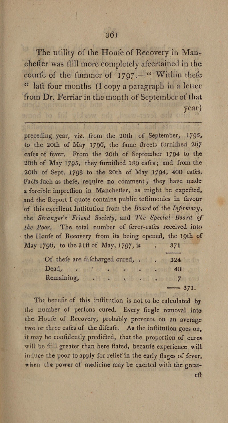 301 The utility of the Houfe of Recovery in Man- chefter was ftill more completely afcertained in the courfe of the fummer of 1797.—‘* Within thefe “ laft four months (I copy a paragraph in a letter from Dr. Ferriar in the month of September of that | year) preceding year, viz. from the 20th of September, 1795, to the 20th of May 1796, the fame ftreets furnifhed 267 eafes of fever. From the 20th of September 1794 to the 20th of May 1795, they furnifhed 389 cafes; and from the 20th of Sept. 1793 to the 20th of May 1794, 400 cafes. Faéts fuch as thefe, require no comment; they have made a forcible impreffion in Manchefter, as might be expected, and the Report I quote contains public teftimonies in favour of this excellent Inftitution from the Board of the Infirmary, the Siranger’s Friend Society, and The Special Board of the Poor. The total number of fever-cafes received into ‘the Houfe of Reeovery from its being opened, the 19th of May 1796, to the 31ft of May, 1797, is laa Of thefe are difcharged cured, . : 324 Dead, , , q i s ‘ 40 Remaining, . . ‘ : ; 7 —— 371, The benefit of this inftitution is not to be calculated by the number of perfons cured. Every fingle removal into the Houfe of Recovery, probably prevents on an average two or three cafes of the difeafe. As the inftitution goes on, it may be confidently predicted, that the proportion of cures will be ftill greater than here ftated, becaufe experience will induce the poor to apply for relief in the early ftages of fever, when the power of medicine may be exerted with the great- eft