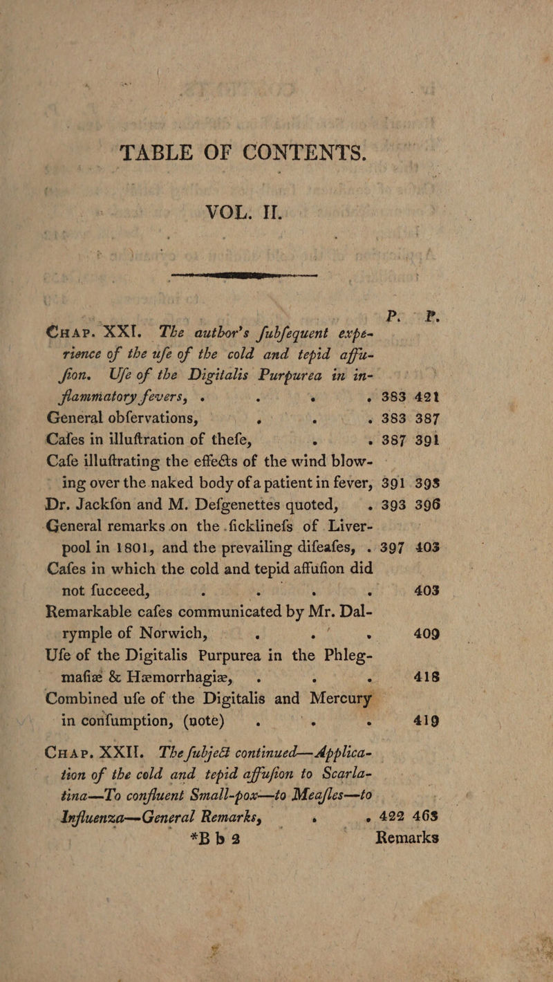 TABLE OF CONTENTS. VOL. I. ETI ces ie ve : ae oP. Cuap. XXI. The author's fubfequent expe- rience of the ufe of the cold and tepid aff fon, Ufe of the Digitalis Purpurea in in- flammatory fevers, . ae ° - 383 421 General obfervations, Pr aay St . 383 387 Cafes in illuftration of thefe, , . 387 391 Cale illuftrating the effects of the wind blow- — - ing over the naked body ofa patient in fever, 391 398 Dr. Jackfon and M. Defgenettes quoted, . 393 396 ‘General remarks on the.ficklinefs of .Liver- pool in 1801, and the prevailing difeafes, . 397 403 Cafes in which the cold and tepid affufion did not fucceed, : . 403 Remarkable cafes berth diticated by ick Dal- rymple of Norwich, ‘ ~ «409 Ufe of the Digitalis Purpurea | in the Phleg- mafiz &amp; Hemorrhagie, 418 Combined ufe of the Digitalis any crea  in confumption, (note) . : . 419 CHAP. OCH: The Subject continued— Applica-_ . tion of the cold and tepid affufion to Scarla- tina—To confluent Small-pox—to Mea/les—to Influenza—General Remarks, —_ , 422 468 *Bbh2 | Remarks ea eee