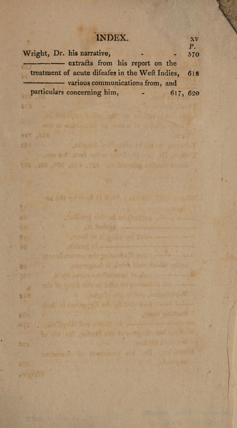 P. Wright, Dr. his narrative, - -. 570 extracts from his report on the _ treatment of acute difeafes in the Weft Indies, 618 various communications from, and _ Particulars concerning him, - 617, 620 ~ (0 Rees et