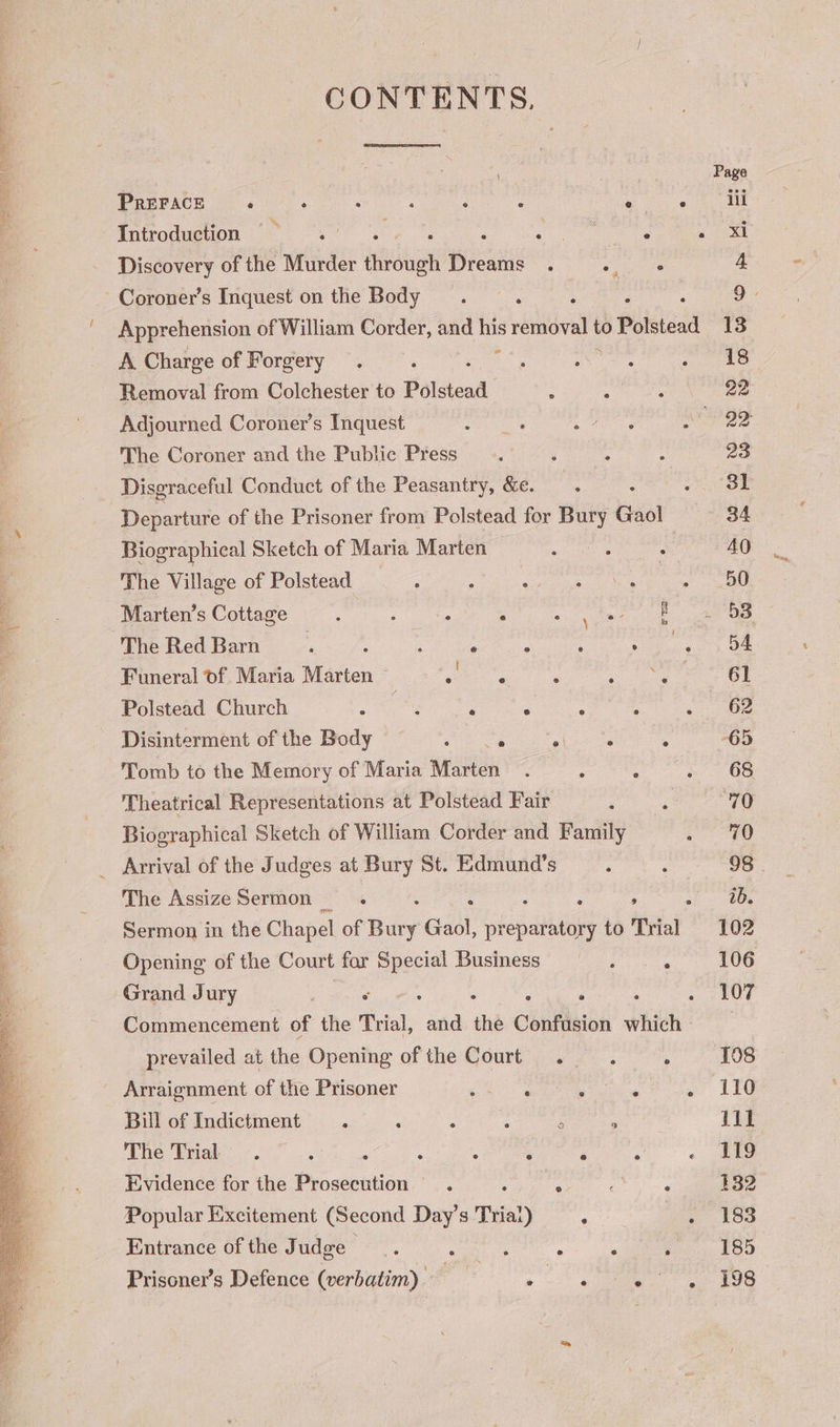 CONTENTS, TEAST OTTO l Page PREFPKCE +); sees : - ri Introduction ~—x Saeiea In ree. Discovery of the Murder duikobbk peas : . 4 ~Coroner’s Inquest on the Body .. : i Apprehension of William Corder, and his removal to Polstead 13 A Charge of Forgery . . Gere g : : se af Bo Removal from Colchester to Polstead : ; ‘ 22 Adjourned Coroner’s Inquest es ee? nde The Coroner and the Public Press : : i 23 Disgraceful Conduct of the Peasantry, &amp;e. bis : Ae oe Departure of the Prisoner from Polstead for Bury Gaol 34 Biographical Sketch of Maria Marten meer ai . 40 The Village of Polstead ; ; irs a triage “OU Marten’s Cottage : : : ’ LS Re 3 The Red Barn ‘ ; ° ; : oe. oe Funeral of. Maria Marien sate  ee or Polstead Church Tae ST ee ee Disinterment of the Body al tag oe OR 65 Tomb to the Memory of Maria Marten . : ; ~ aS Theatrical Representations at Polstead Fair ‘ Es 70 Biographical Sketch of William Corder and Family asides |) Arrival of the Judges at Bury St. Edmund’s : : 98 The AssizeSermon . , aes Sermon in the Chapel of Bucy Gaol, pr Sepatheats to Trial 102 Opening of the Court for Special Business ix. ; 106 Grand Jury os : ‘ : : «LOT Commencement of the Trial, and the Confusion which prevailed at the Opening of the Court . . . 198 Arraignment of the Prisoner i Ot i he ga or 1g Bill of Indictment ‘ A : 3 ; 11 Whe Vtiake , ; A ‘ ‘ ; - Lg Evidence for the Prosecution. : eerie 132 Popular Excitement (Second Day’s Trial) ; 4 188 Entrance of the Judge : ‘ ‘ 185 Prisoner’s Defence (verbatim). . oe oS