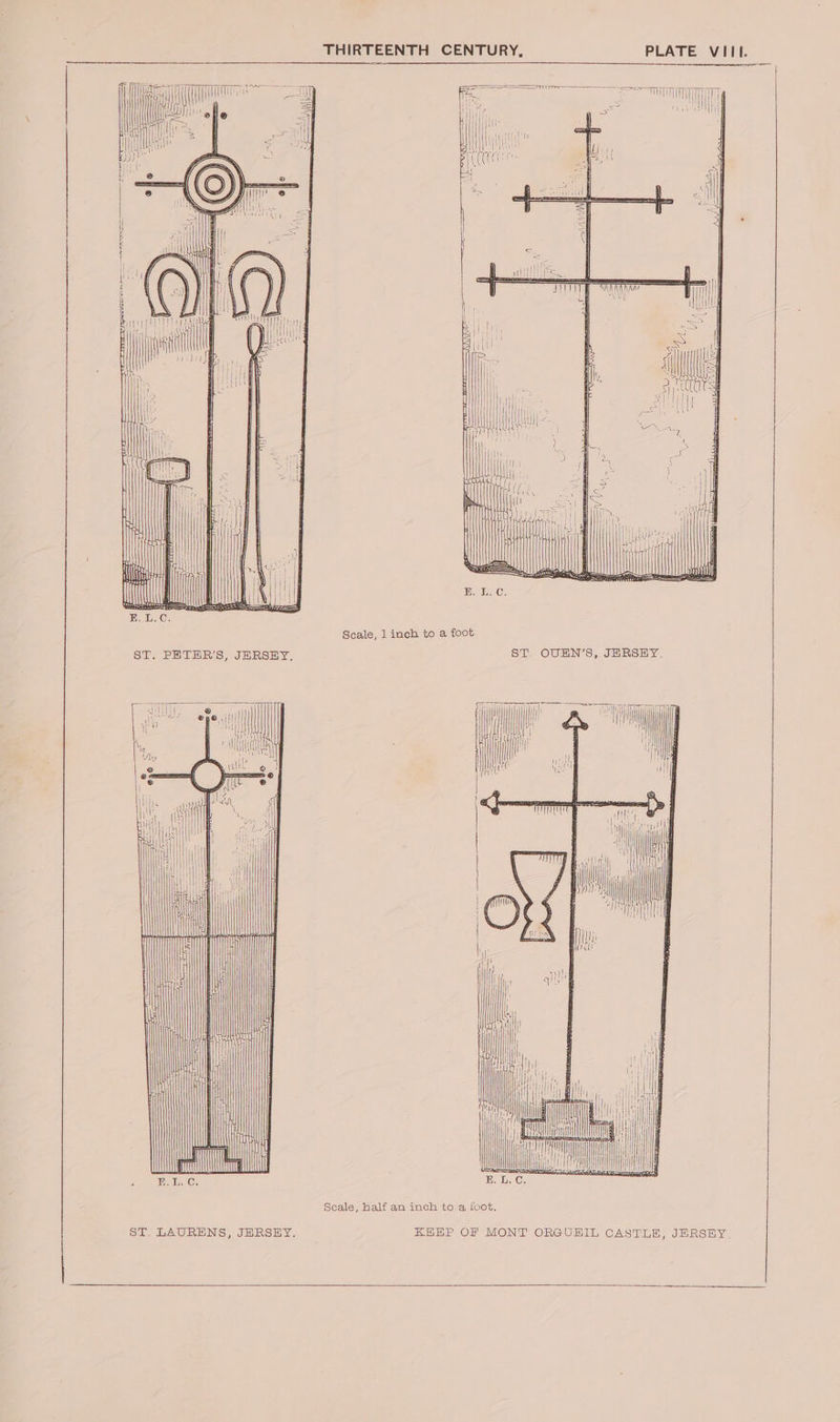 Scale, 1 inch to a foot ST. OUHN’S, JERSEY, be h if mt | Scale, half an inch to a foot, KEEP OF MONT ORGUBIL CASTLE, JERSEY.