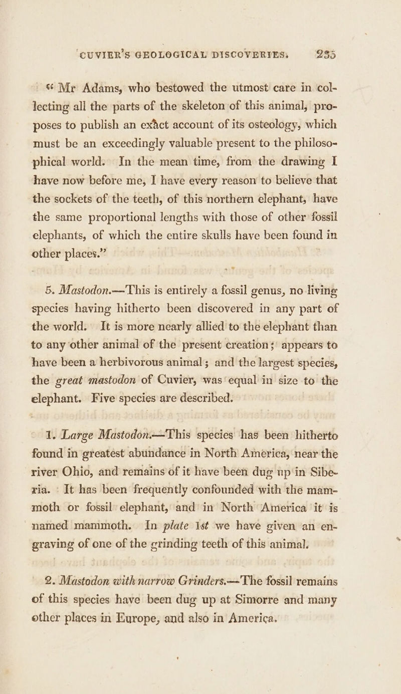 6 Mr Adams, who bestowed the utmost care in col- lecting all the parts of the skeleton of this animal, pro- poses to publish an ex&amp;ct account of its osteology, which must be an exceedingly valuable present to the philoso- phical world. In the mean time, from the drawing I have now before me, I have every reason to believe that the sockets of the teeth, of this northern elephant, have the same proportional lengths with those of other fossil elephants, of which the entire skulls have been found in other places.” | 5. Mastodon.—This is entirely a fossil genus, no living species having hitherto been discovered in any part of the world. It is more nearly allied to the elephant than to any other animal of the present creation; appears to have been a herbivorous animal; and the largest species, the great mastodon of Cuvier, was'equal in size to the elephant. Five species are described. 1. Large Mastodon—This species has been hitherto found in greatest abundance in North America, near the river Ohio, and remains of it have been dug np'in Sibe- ria. It has been frequently confounded with the mam- moth or fossil: elephant, and in North America it is named mammoth. ‘In plate 1st we have given an en- graving of one of the grinding teeth of this animal. 2. Mastodon with narrow Grinders.—The fossil remains of this species have been dug up at Simorre and many other places in Europe, and also in America.