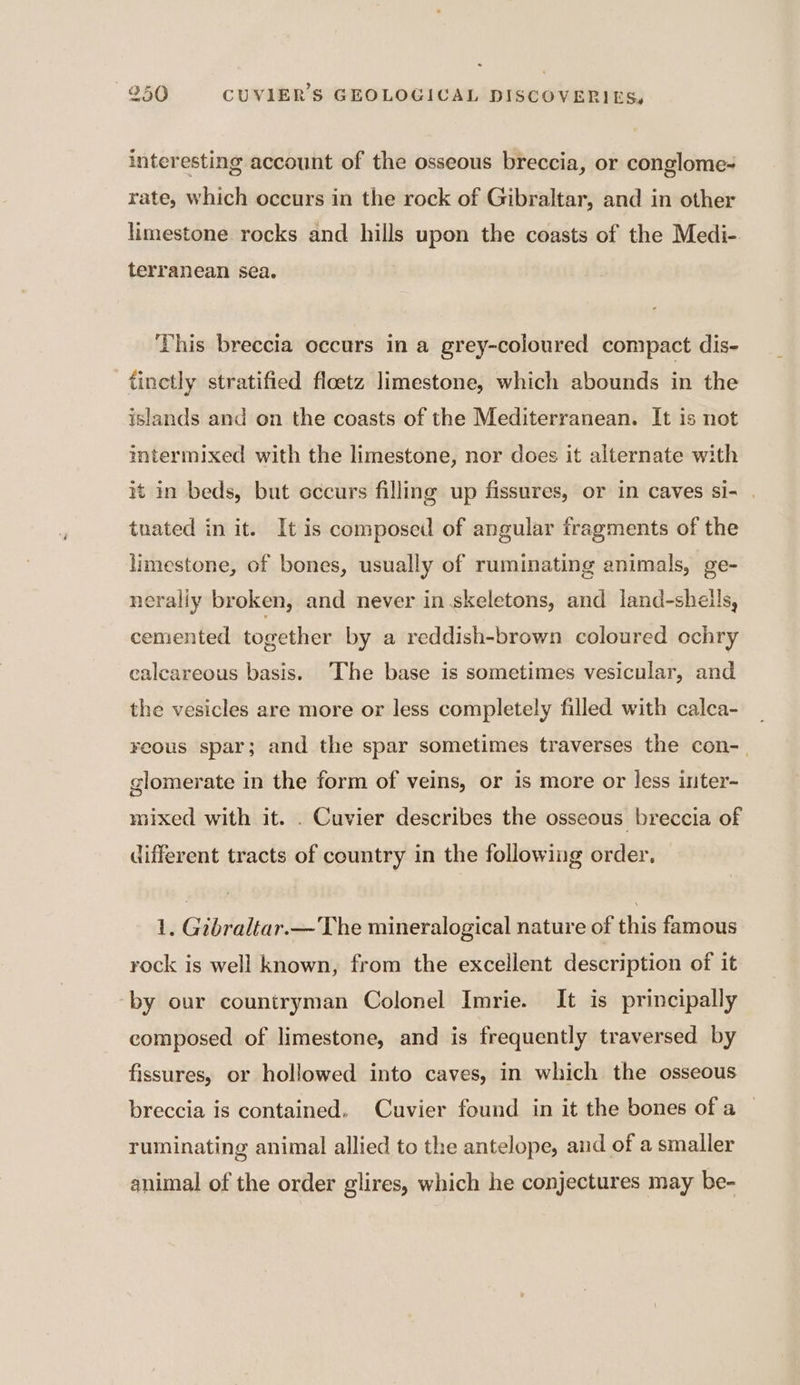 interesting account of the osseous breccia, or conglome- rate, which occurs in the rock of Gibraltar, and in other limestone rocks and hills upon the coasts of the Medi- terranean sea. This breccia occurs in a grey-coloured compact dis- tinctly stratified floetz limestone, which abounds in the islands and on the coasts of the Mediterranean. It is not intermixed with the limestone, nor does it alternate with it in beds, but occurs filling up fissures, or in caves si- tuated in it. It is composed of angular fragments of the limestone, of bones, usually of ruminating animals, ge- neraliy broken, and never in skeletons, and land-shells, cemented together by a reddish-brown coloured ochry calcareous basis. The base is sometimes vesicular, and the vesicles are more or less completely filled with calca- reous spar; and the spar sometimes traverses the con- glomerate in the form of veins, or is more or less inter- mixed with it. . Cuvier describes the osseous breccia of different tracts of country in the following order. 1. Gibraltar.— The mineralogical nature of this famous rock is well known, from the excellent description of it by our countryman Colonel Imrie. It is principally composed of limestone, and is frequently traversed by fissures, or hollowed into caves, in which the osseous breccia is contained, Cuvier found in it the bones of a ruminating animal allied to the antelope, and of a smaller animal of the order glires, which he conjectures may be-