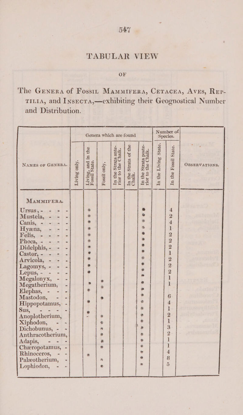 TABULAR VIEW OF Genera which are found 1 d à o Sa lË [24] 2 Sels | fa] ” am 3 em jets} 4° 138 SO]; § NAMES oF GENERA. £2 ao = OBSERVATIONS. Le) D | ors Nw Un un © =| eo on 5 o os cP) eal 96 | Sd &amp; MAMMIFERA. | Living only Living, and in the Fossil State | Fossil only, { | Chalk | | Lophiodon, - Ursus,- - - - * th 4 Mustela, - - - * % 2 Canis. situe | - # * 4 Hyena, - - - % 1 Felis, - - - - * # 2 Phoca, - - - - * * 2 Didelphis, - - - * c 2 Castor,- - - - * 1 Arvicola, - - - * a | 2 Lagomys, - - - * 2 Lepus,- - - - * ie | 2 Megalonyx, - - ie 1 Megatherium, - de &gt;” Là I Elephas, - - - * ? Mastodon, - - * * 6 Hippopotamus, - ; + 4 US, = = +) 5 + Lt H Anoplotherium, | * 2 Xiphodon, - - 2 * 1 Dichobunus, - - { x 3 Anthracotherium, # 2 Adapis, - - - | # 1 Chæropotamus, - * 1 Rhinoceros, - - * 4 Palæotherium, - | * 8 * i) t